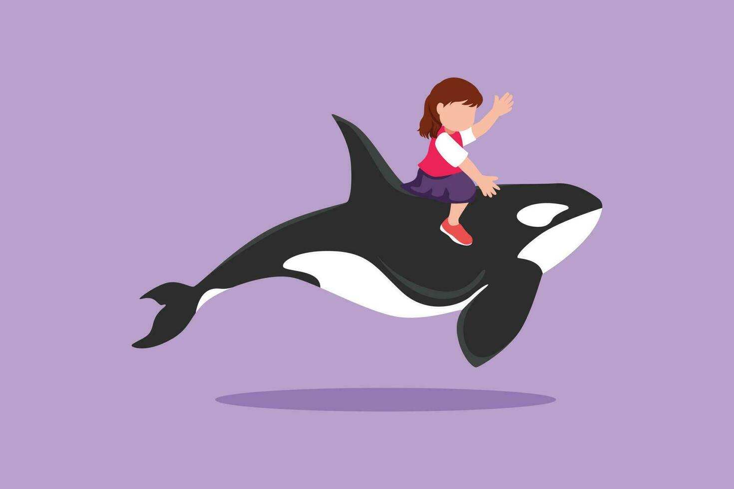 Character flat drawing of bravery little girl riding orca. Adorable kids sitting on back whale killer in deep zoo swimming pool. Whale killer or orca in deep water. Cartoon design vector illustration