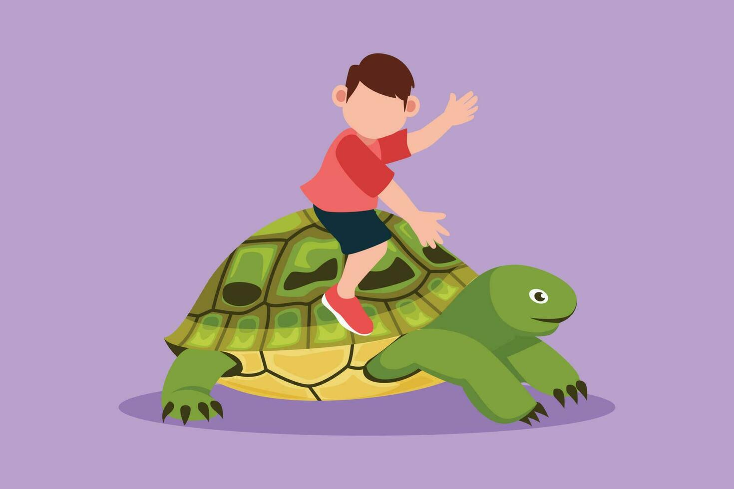 Graphic flat design drawing adorable little boy riding sea turtle. Happy child sitting on back tortoise with fins diving in beach. Cute kids learning to ride turtle. Cartoon style vector illustration
