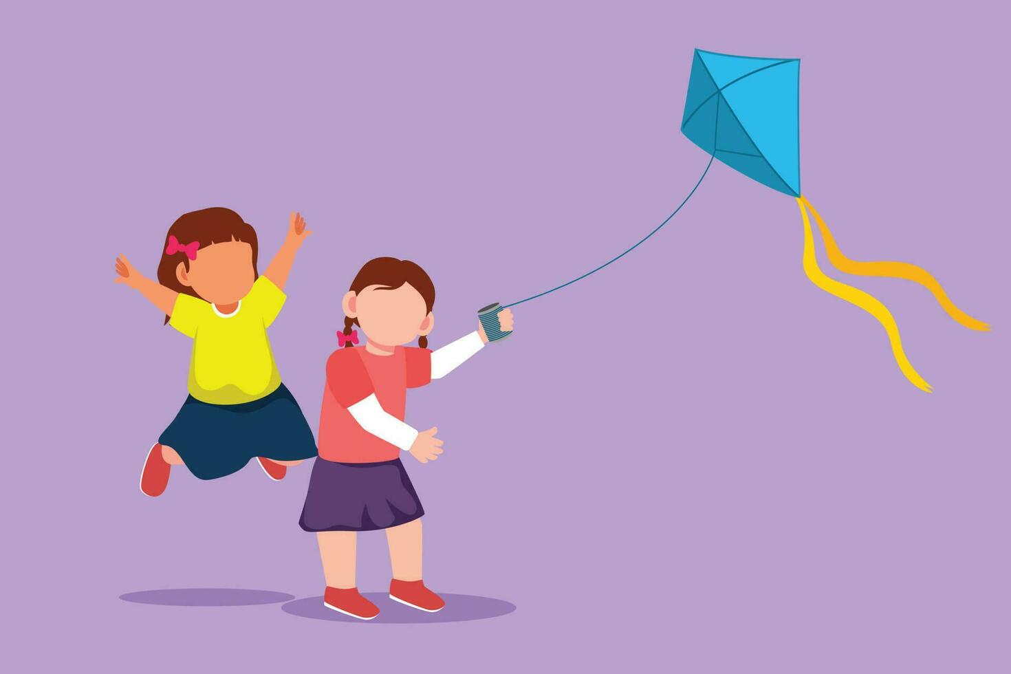 Graphic flat design drawing two girl playing to fly kite up into sky at outdoor field. Kids playing kite in playground. Children with kites game and they look happy. Cartoon style vector illustration