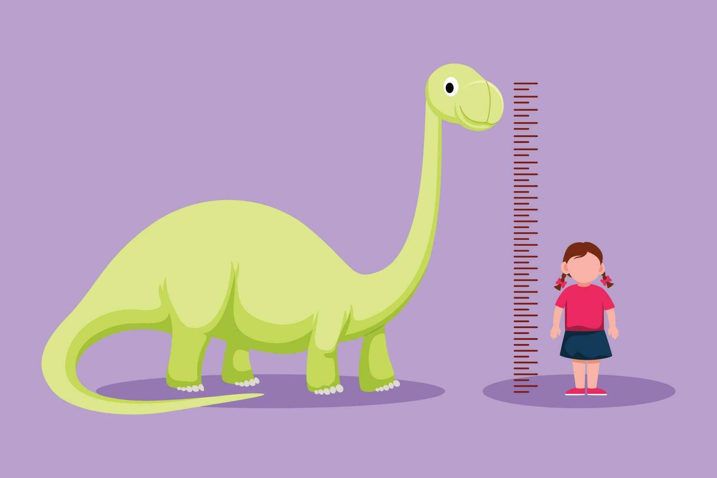 Cartoon flat style drawing of pretty little girl measuring her height with brontosaurus height chart on wall. Kids measures growth at school. Child measuring height. Graphic design vector illustration