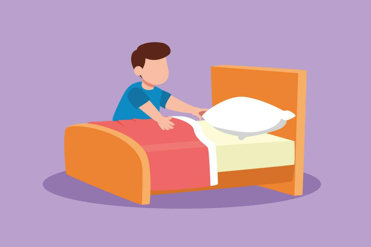 Cartoon flat style drawing adorable little boy making the bed at morning. Cute kids doing housework chores at home. Kids routine after waking up to tidy up the bed. Graphic design vector illustration