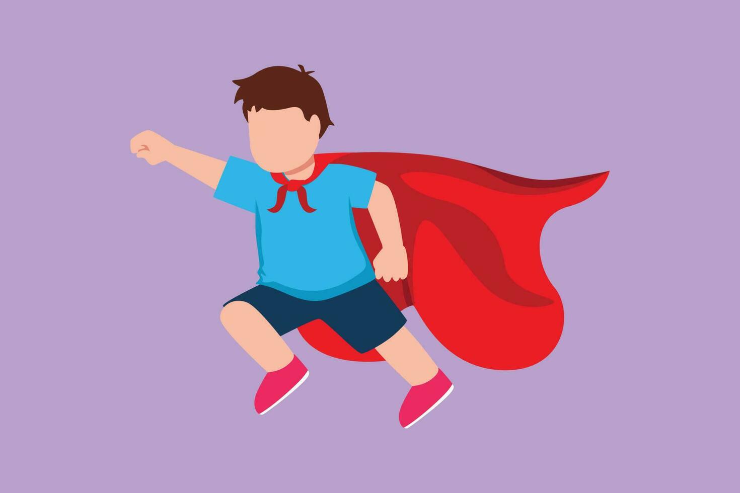 Graphic flat design drawing adorable little boy flies through air in super hero pose with outstretched hand. Happy kids in super hero costume, cloak tied around neck. Cartoon style vector illustration