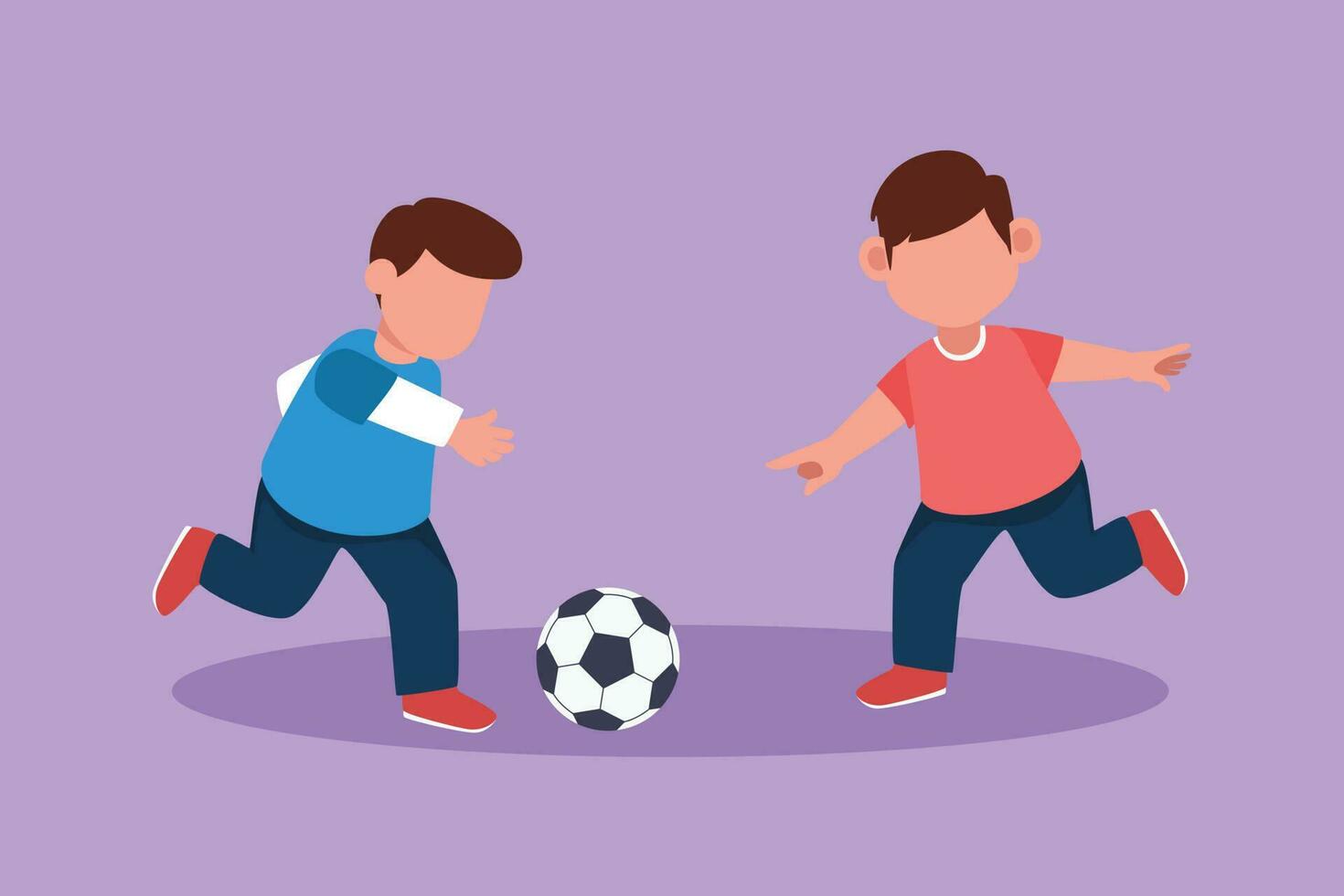 Character flat drawing cute young boys playing football together. Two happy little kids playing sport in uniform. Smiling children kicking ball by foot between them. Cartoon design vector illustration