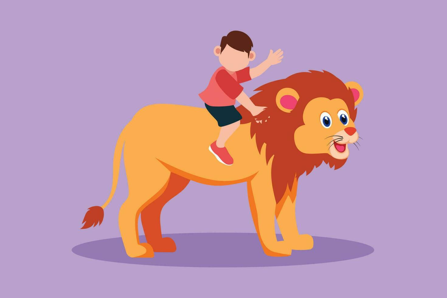 Cartoon flat style drawing of happy little boy riding lion at zoo. Adorable child sitting on back big lion at circus event. Brave kids learning to ride beast animal. Graphic design vector illustration