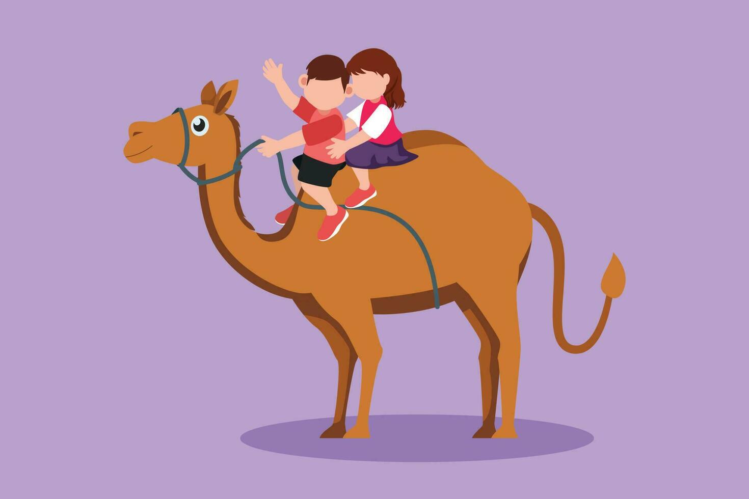 Cartoon flat style drawing happy little boy and girl riding camel together. Children sitting on hump camel with saddle in desert. Brave kids learning to ride camel. Graphic design vector illustration