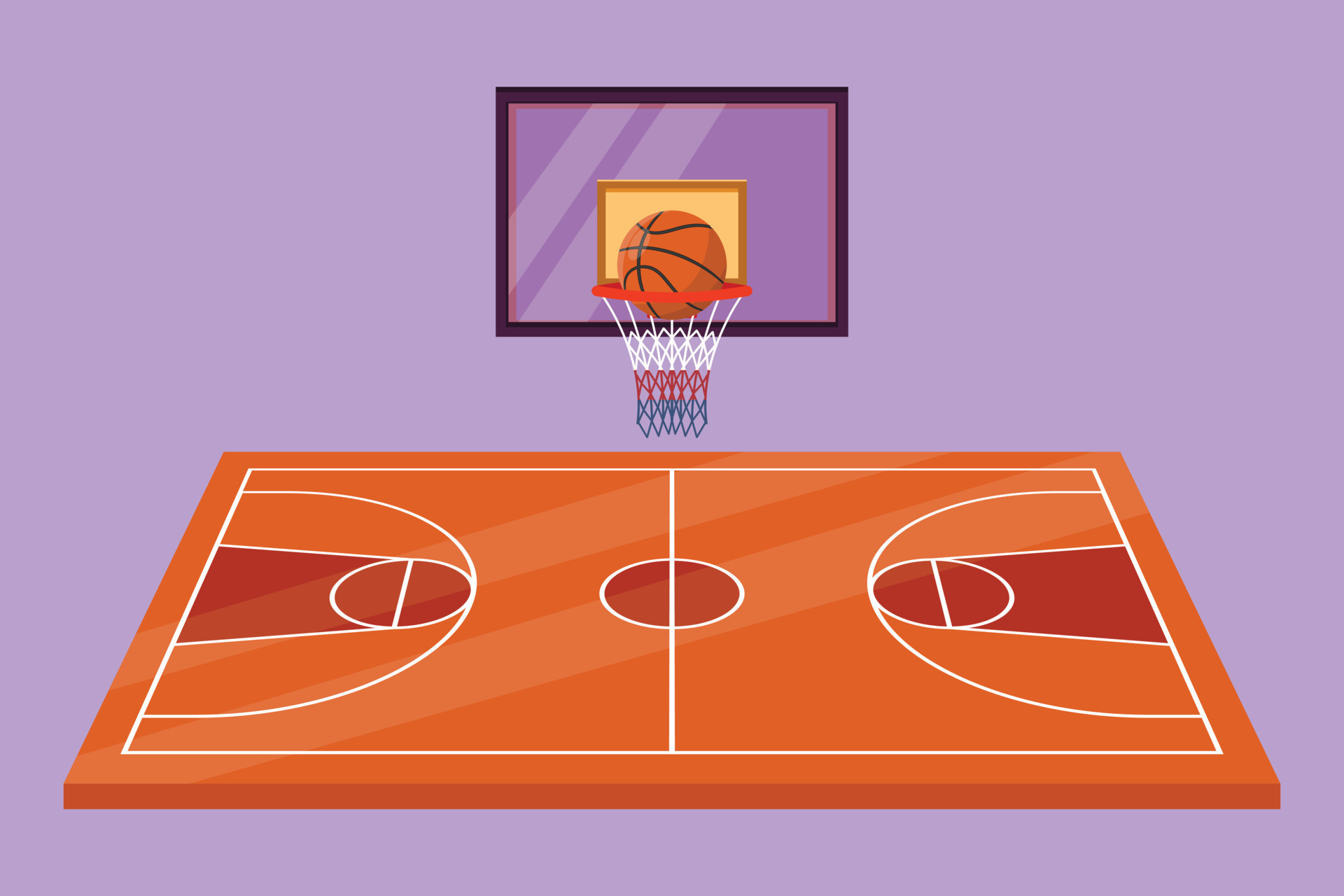 Cartoon flat style drawing basketball court, ball, and hoop. Indoor or ...