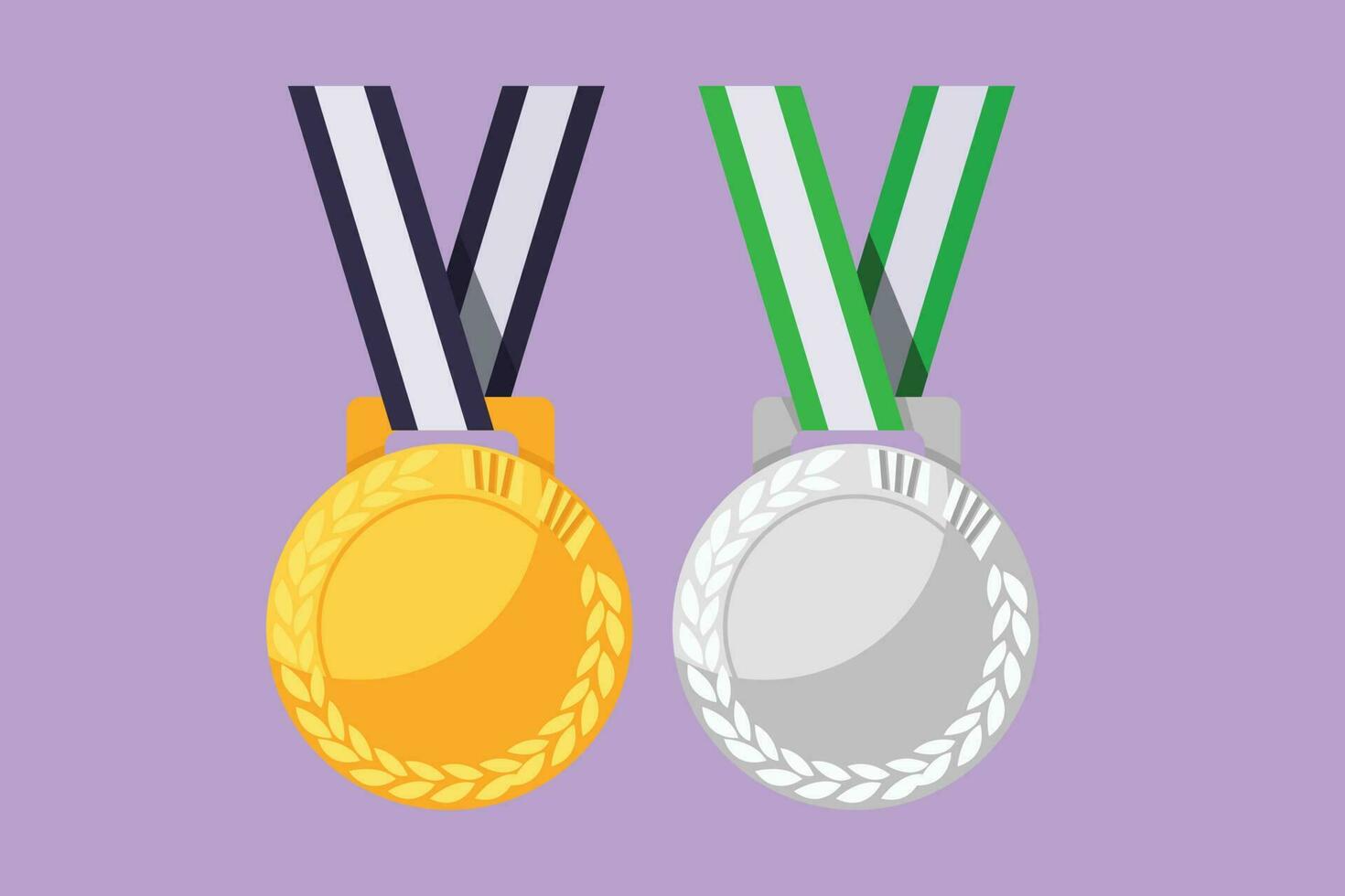 Character flat drawing stylized golden and silver medal logo. First and second place reward for sport event, competition celebration. Gold and runner up game price. Cartoon design vector illustration