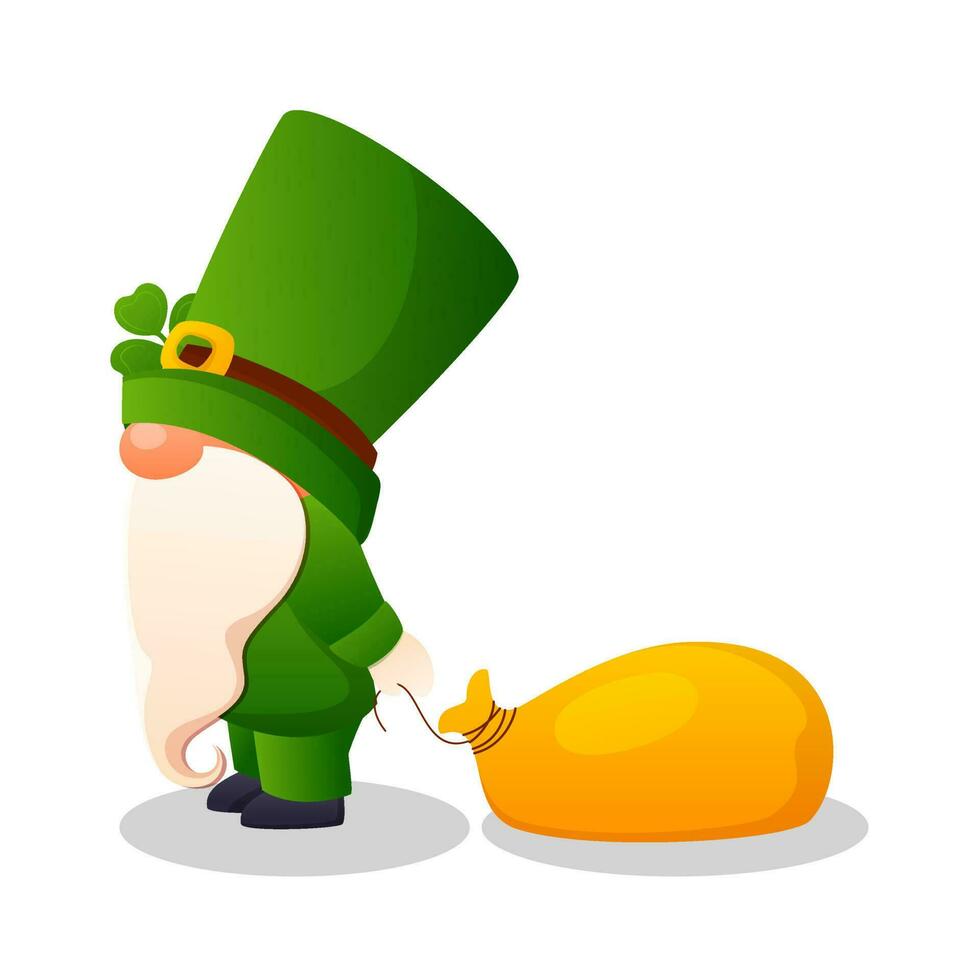 Cute Gnome Pulling A Bag And Wear Leprechaun Hat On White Background. vector