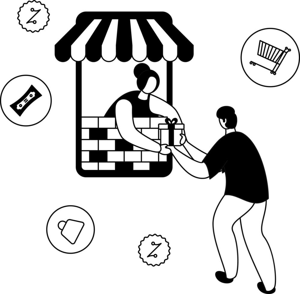 E-Shop Concept With Faceless Woman Giving Box To Customer Man From Smartphone In Doodle Style. vector