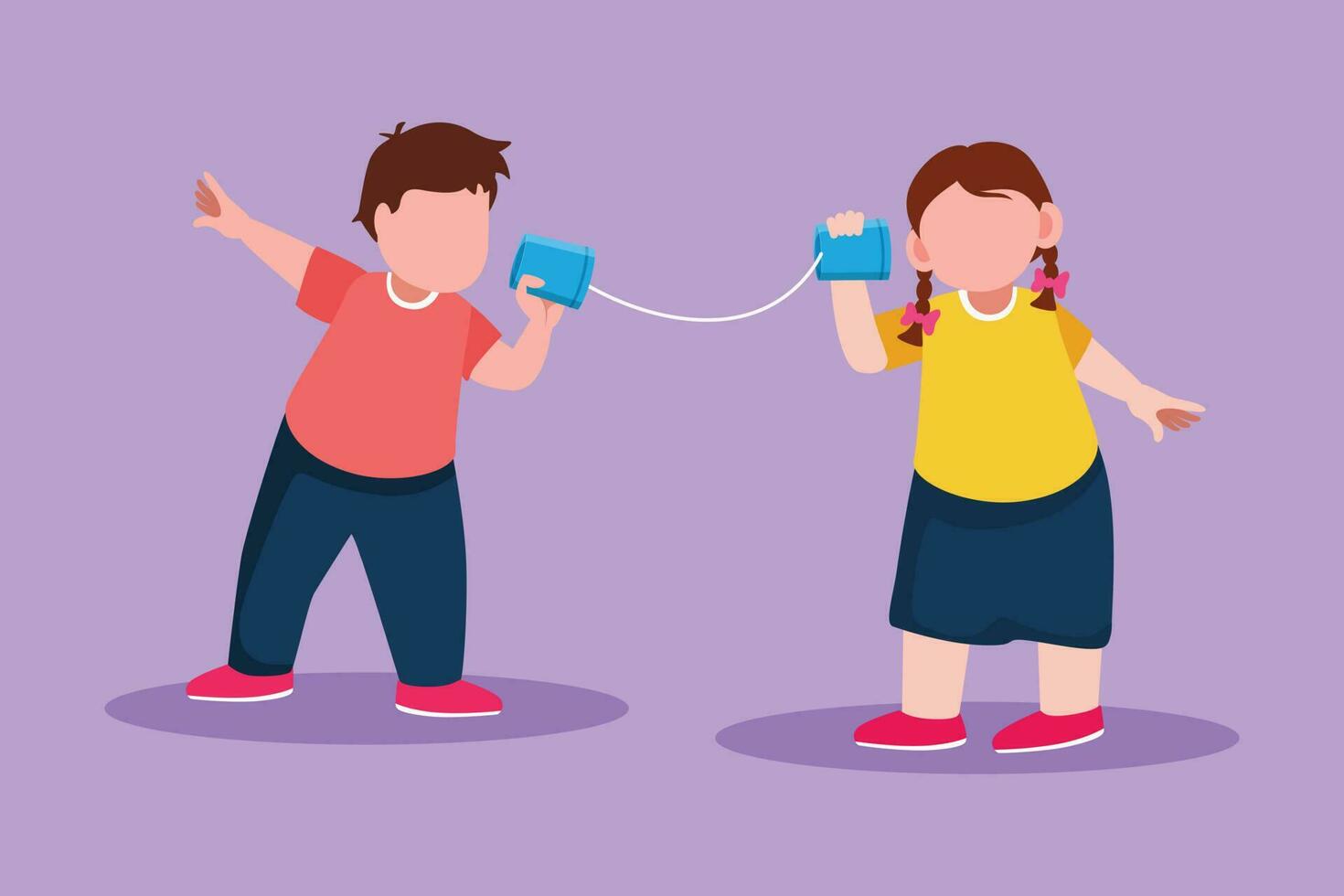 Character flat drawing adorable little boy and girl play toy phone. Two friends playing in phone with self made speech transmitting device, kids have fun speaking. Cartoon design vector illustration