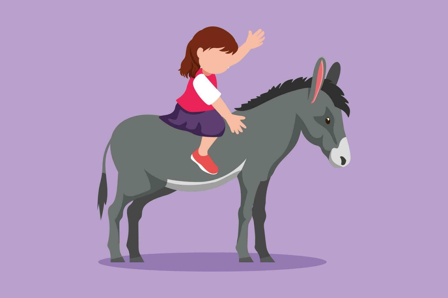 Cartoon flat style drawing happy little girl riding donkey at outdoor. Child sitting on back donkey with saddle in ranch park. Adorable kids learning to ride donkey. Graphic design vector illustration