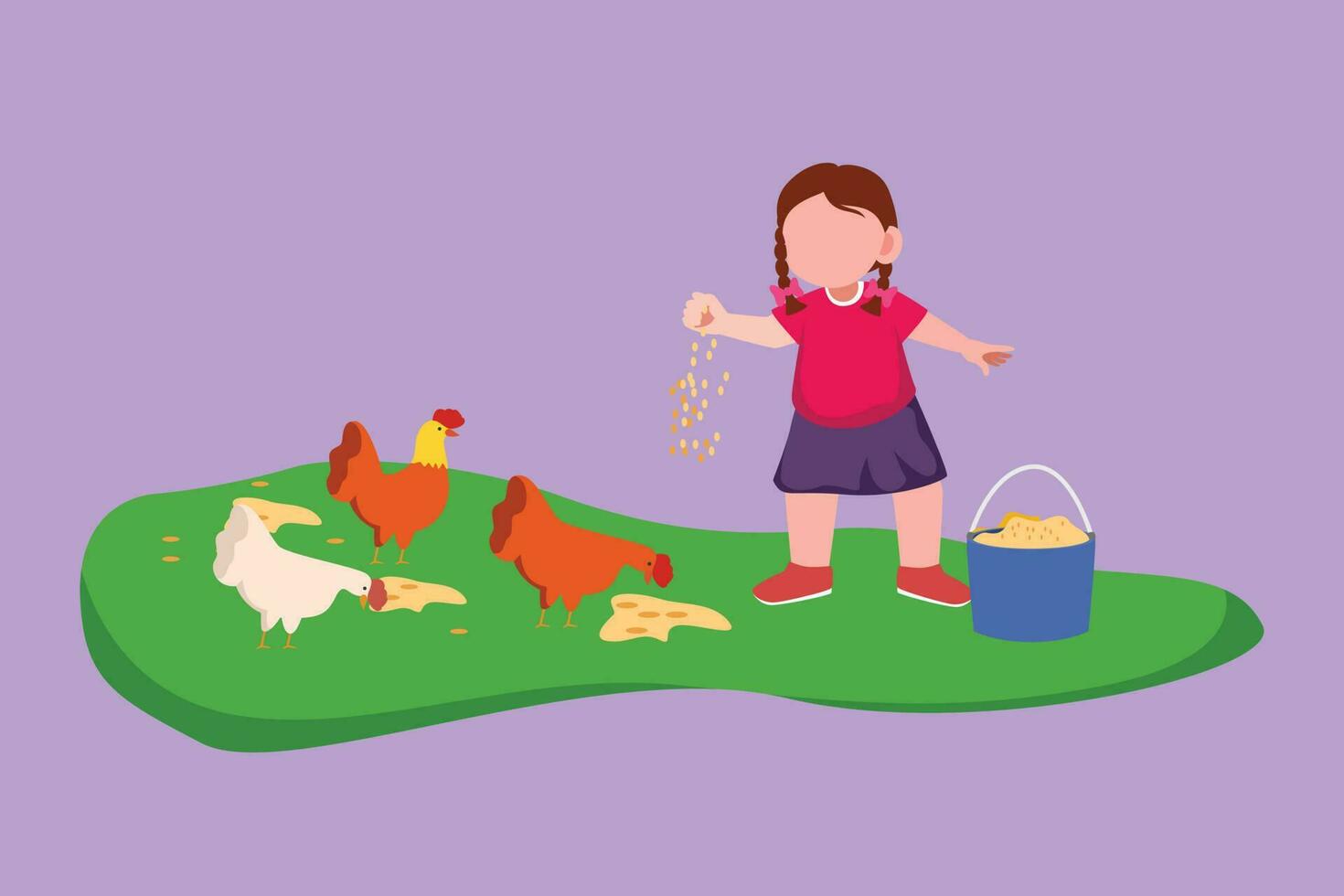 Cartoon flat style drawing pretty little girl feeding chicken at livestock. Cheerful kid farmer feeding rooster, hen and little chickens. Happy children farmer life. Graphic design vector illustration