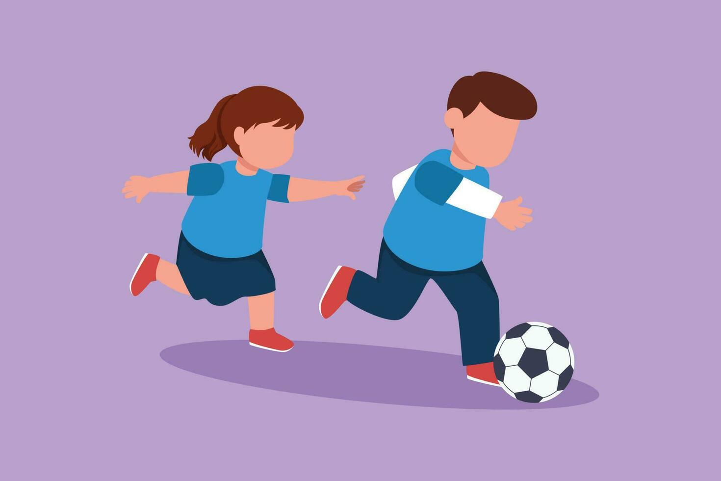 Graphic flat design drawing cute little boy and girl playing football together. Two happy kid playing sport at playground. Children kicking ball by foot between them. Cartoon style vector illustration