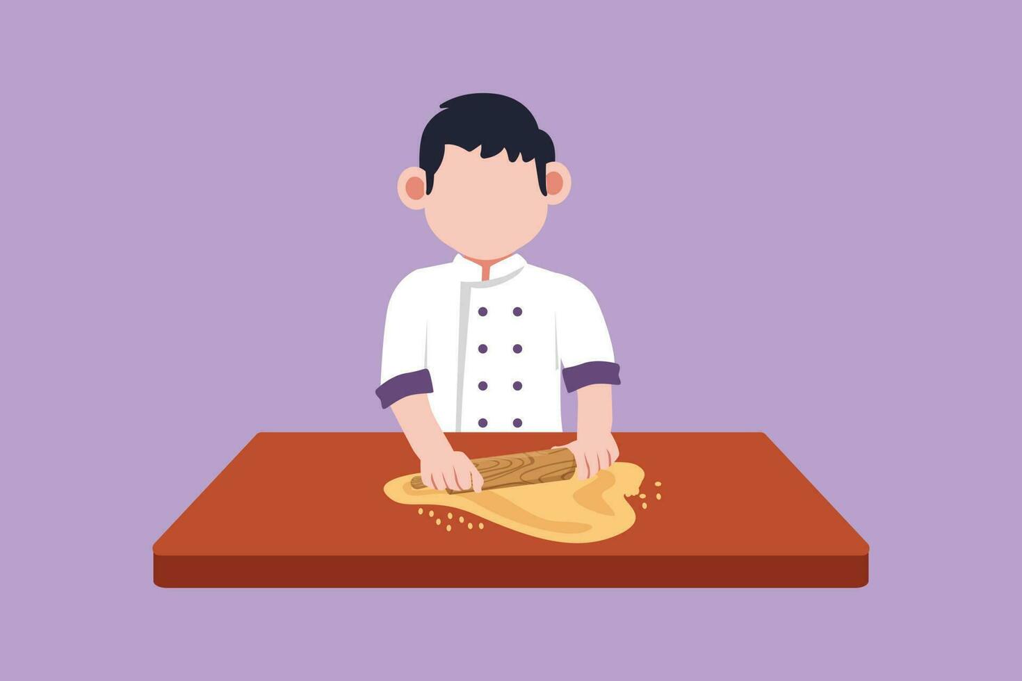 Character flat drawing adorable little boy stretching dough with rolling pin. Happy kids making homemade pizza at kitchen. Children doing housework chores at home. Cartoon design vector illustration