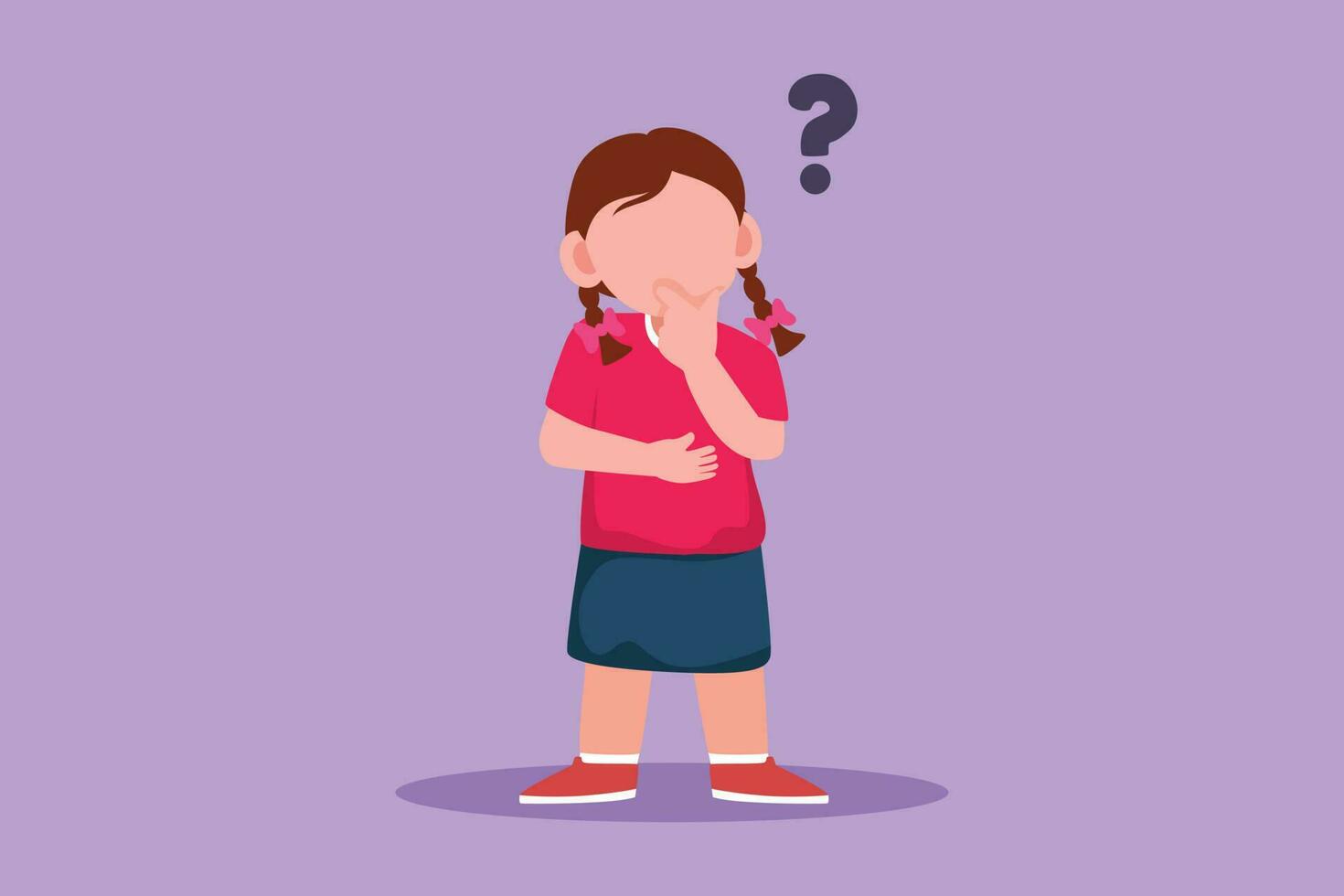 Character flat drawing of pretty little girl thinking. Cheerful kids think creative idea. Bubble with question mark sign. Concept of learning and growing children. Cartoon design vector illustration
