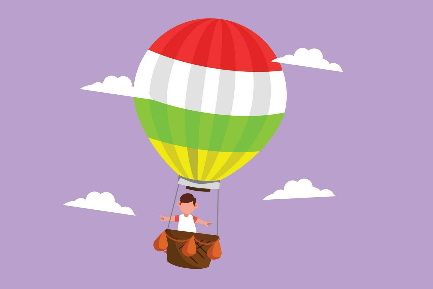 Character flat drawing cute little boy standing in box of hot air balloon. Little pilot of hot air balloon adventure. Creative kid character playing hot air balloon. Cartoon design vector illustration