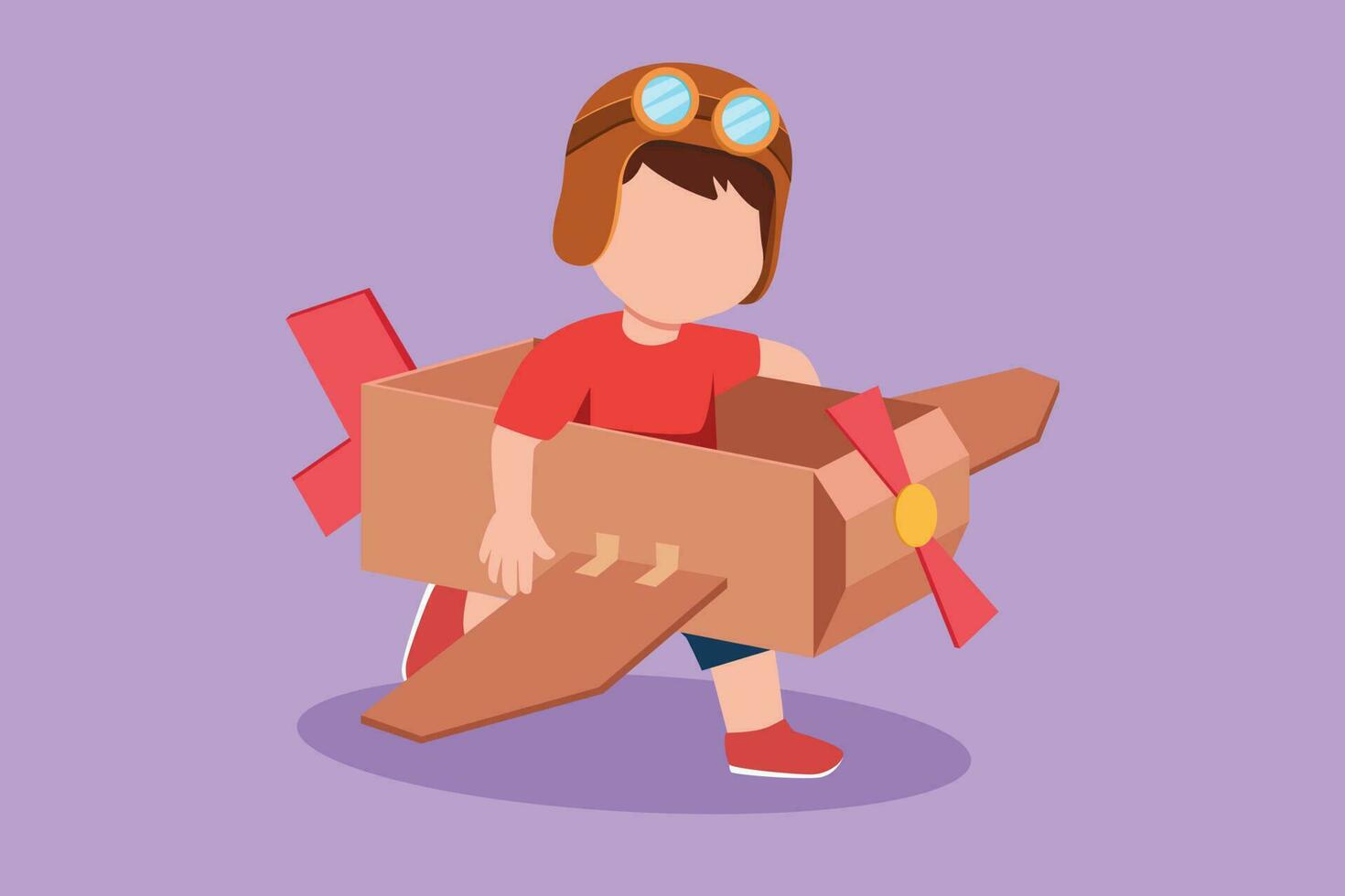 Graphic flat design drawing creative little boy playing as pilot with cardboard airplane. Happy kids riding handmade airplane. Plane game for children at playground. Cartoon style vector illustration