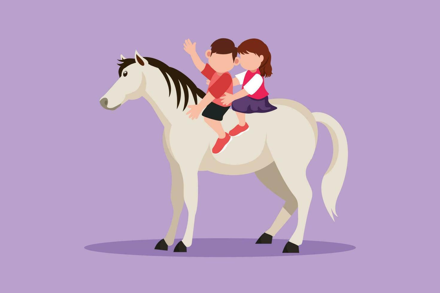 Graphic flat design drawing of happy little boy and girl riding horse together. Children sitting on back horse with saddle in ranch park. Kids learning to ride horse. Cartoon style vector illustration
