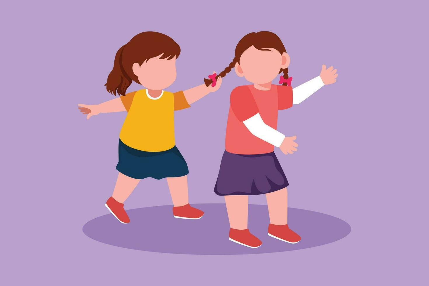 Character flat drawing toddler kids girls fighting with one pulling hair of the other. She look of shock and pain. Problem of physical bullying at school playground. Cartoon design vector illustration