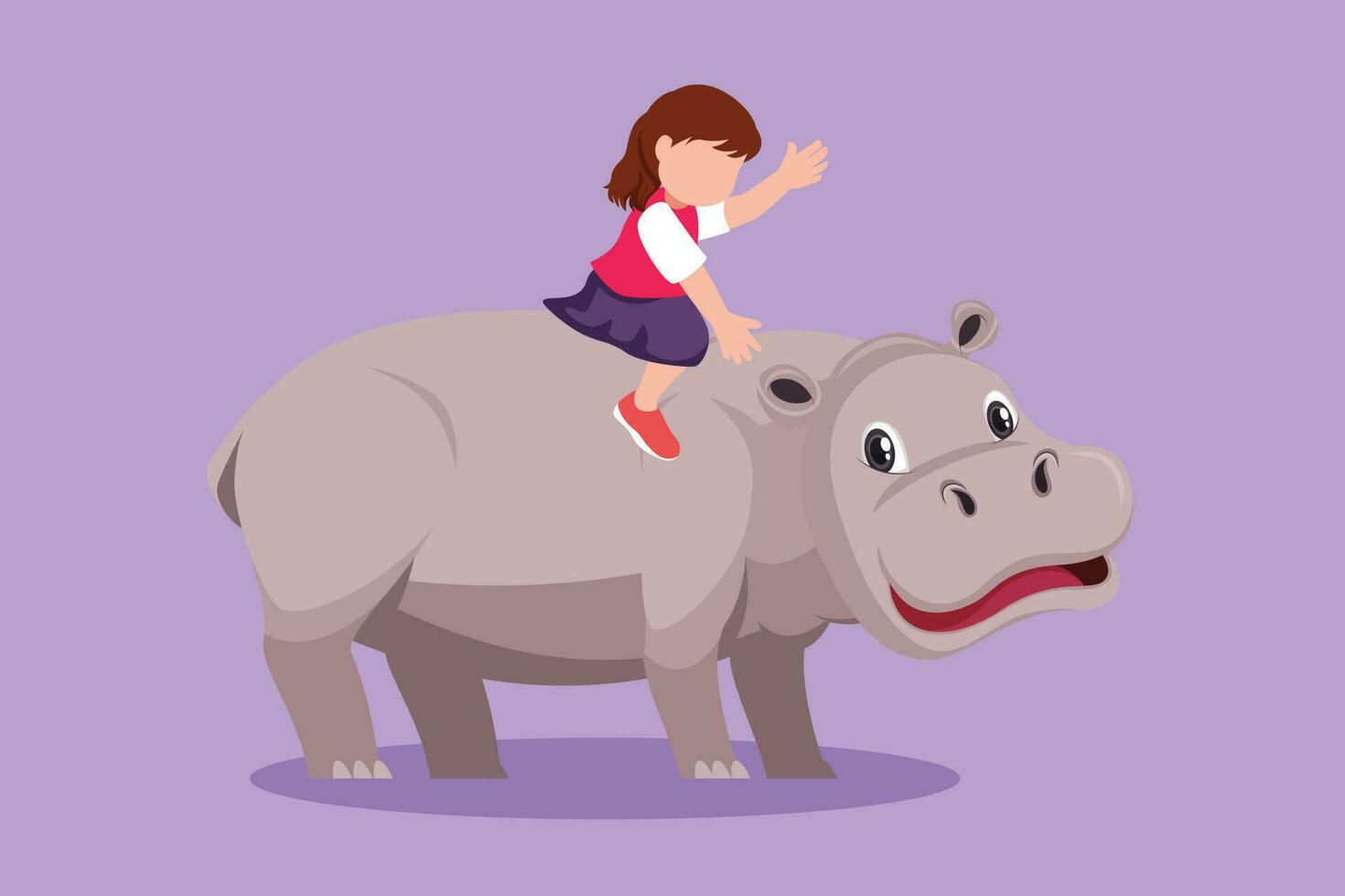 Character flat drawing pretty little girl riding hippo at amusement park. Happy child sitting on back hippopotamus in zoo. Brave kids learning to ride hippopotamus. Cartoon design vector illustration