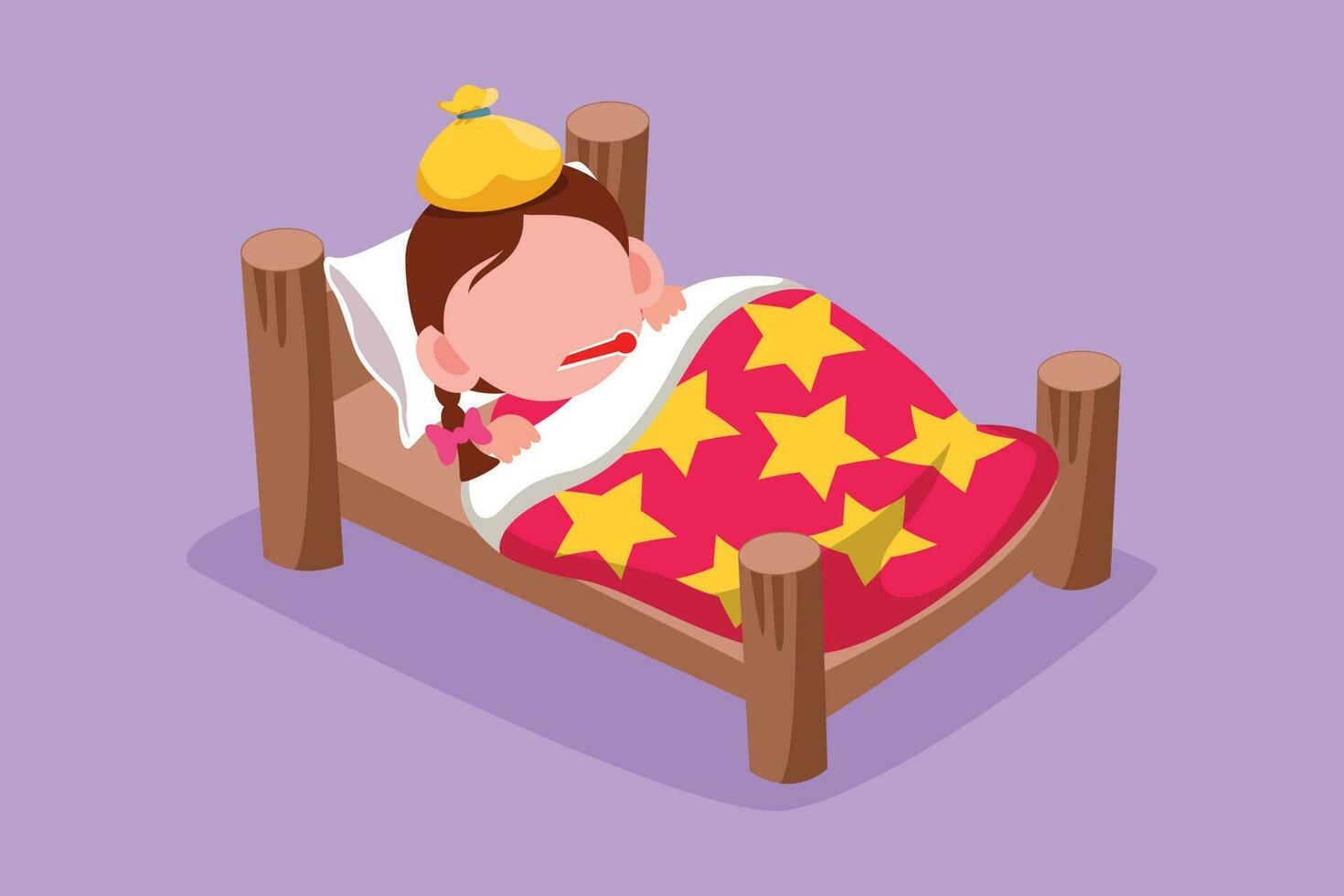 Character flat drawing sick little girl with high fever. Child is sick