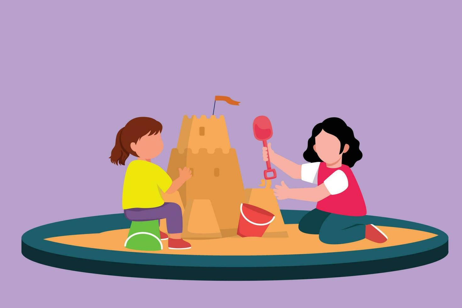 Cartoon flat style drawing two cute little girl playing and making sandcastle in sandbox. Outdoor game in kindergarten playground. Place for children games at beach. Graphic design vector illustration