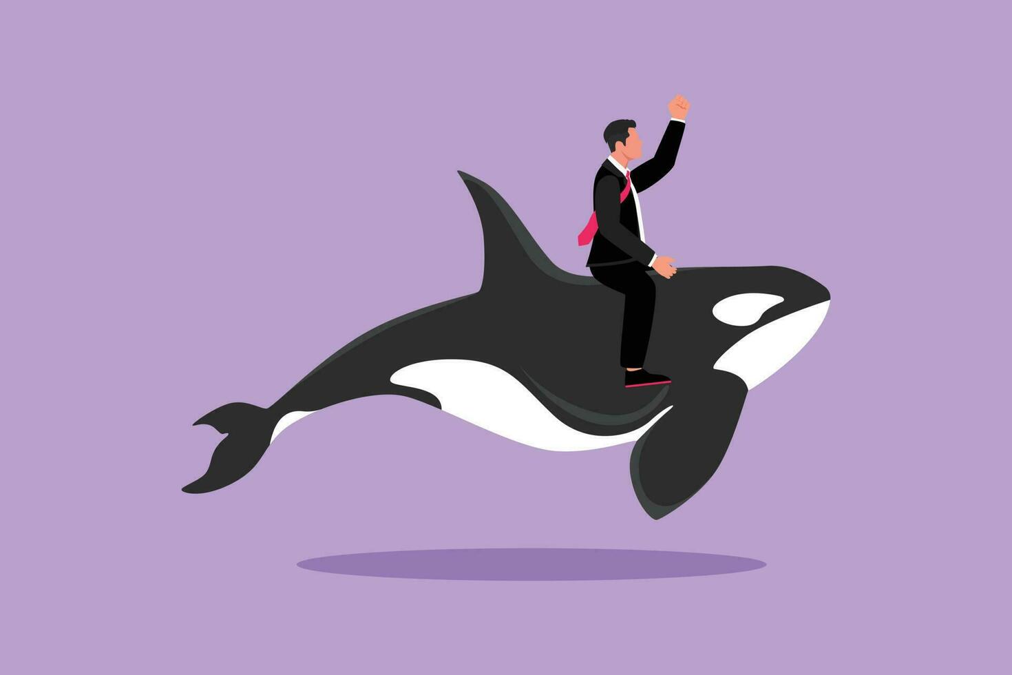 Graphic flat design drawing brave businessman riding huge dangerous orca. Professional entrepreneur character fight with predator. Successful business man metaphor. Cartoon style vector illustration