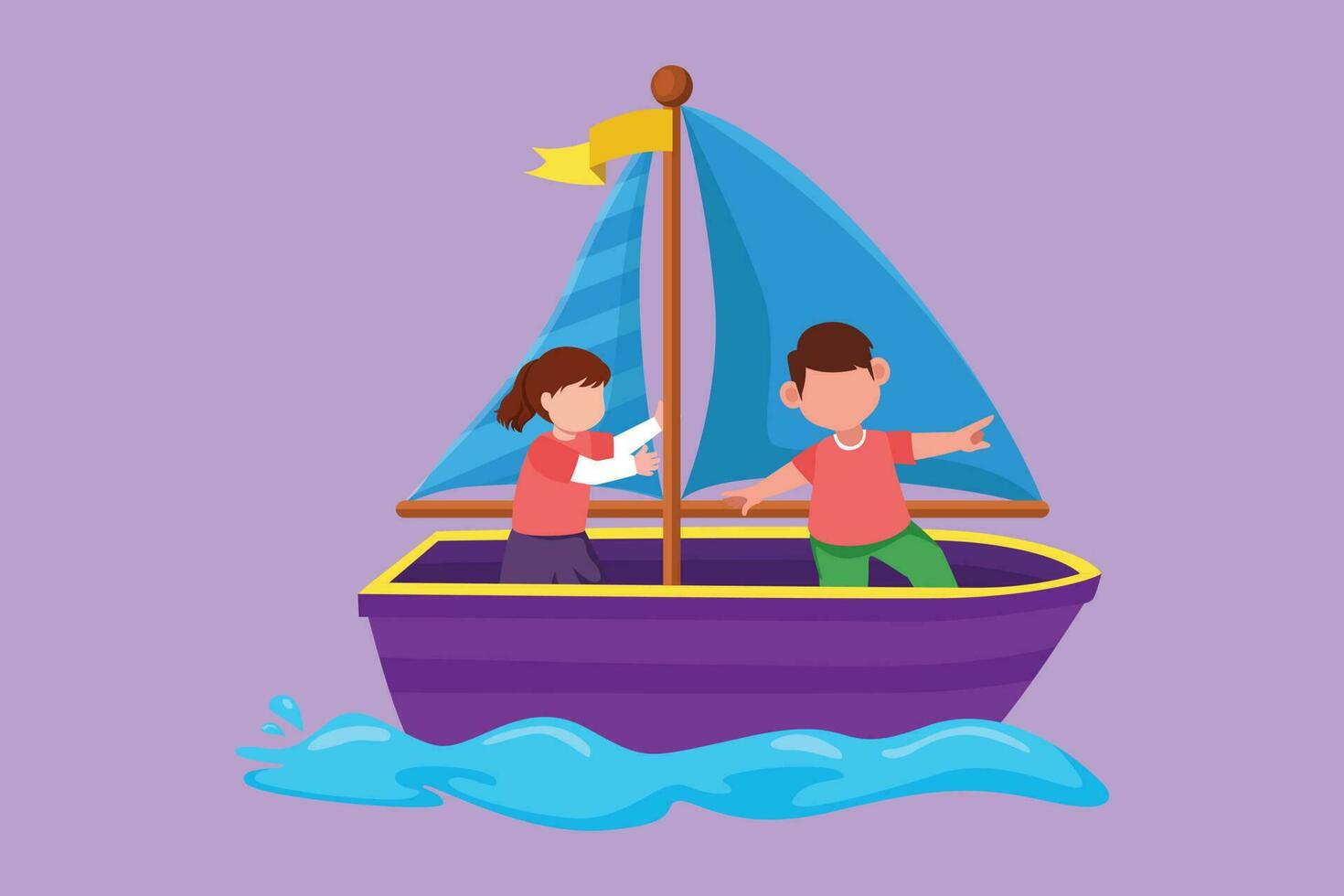 dibujos animados plano estilo dibujo alegre pequeño chico y niña en velero juntos. contento niños navegación barco a pequeño lago. niños en bote. alegre aventuras y viajar. gráfico diseño vector ilustración