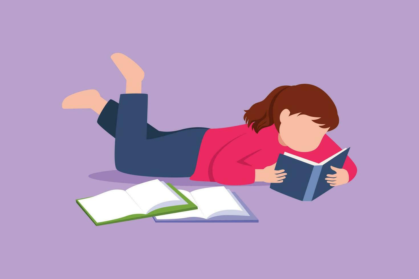 Cartoon flat style drawing pretty little girl is reading book and lying on floor. Kids with pile of books. Source of knowledge. Intelligent student studying alone. Graphic design vector illustration