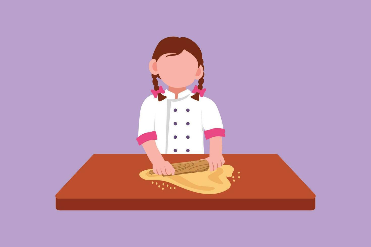 Graphic flat design drawing of pretty little girl stretching dough with rolling pin. Kids making homemade bakery at kitchen. Children doing housework chores at home. Cartoon style vector illustration