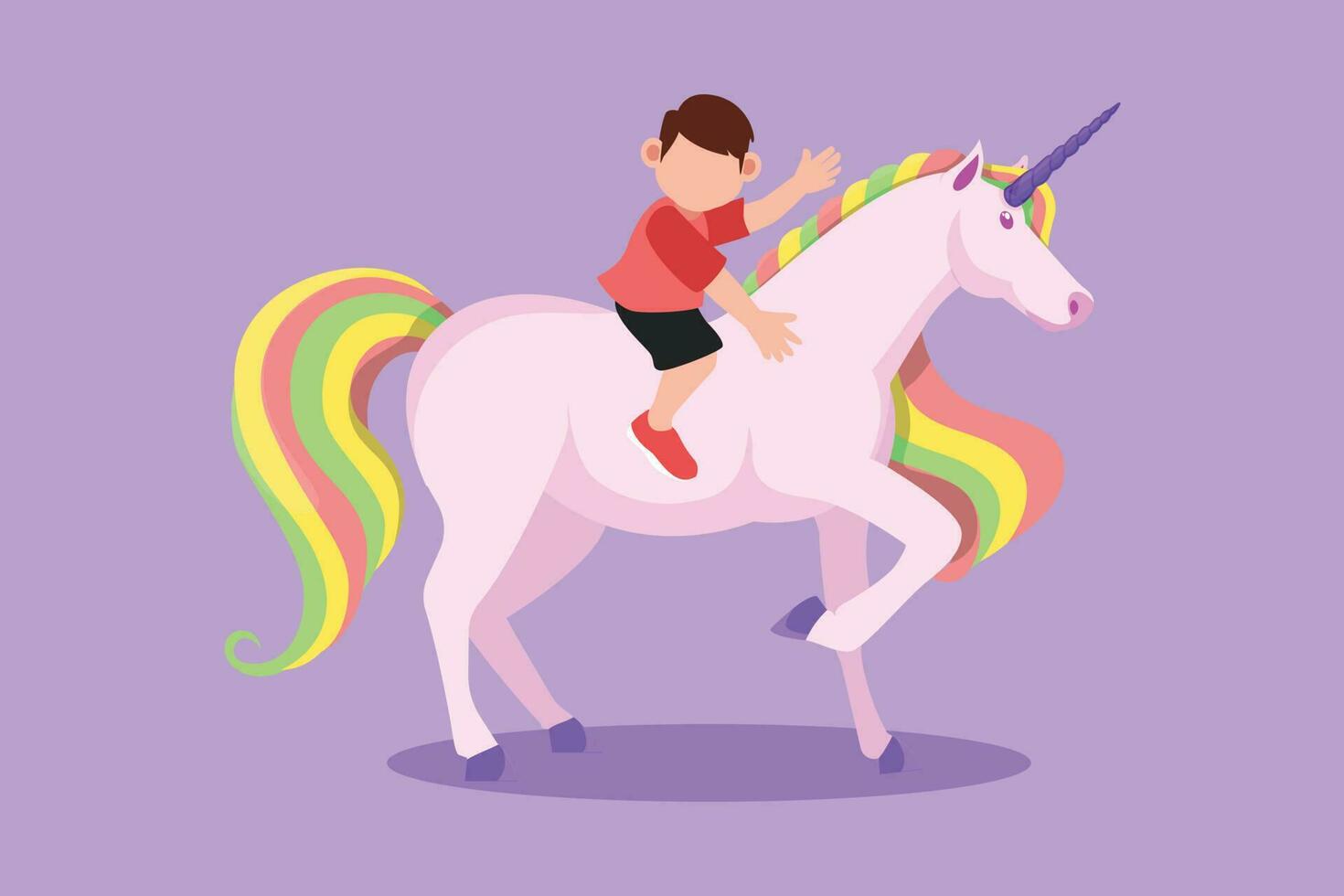 Cartoon flat style drawing happy little boy riding cute unicorn. Cheerful child sitting on back unicorn in fairy tale dream. Adorable kids learning to ride unicorn. Graphic design vector illustration
