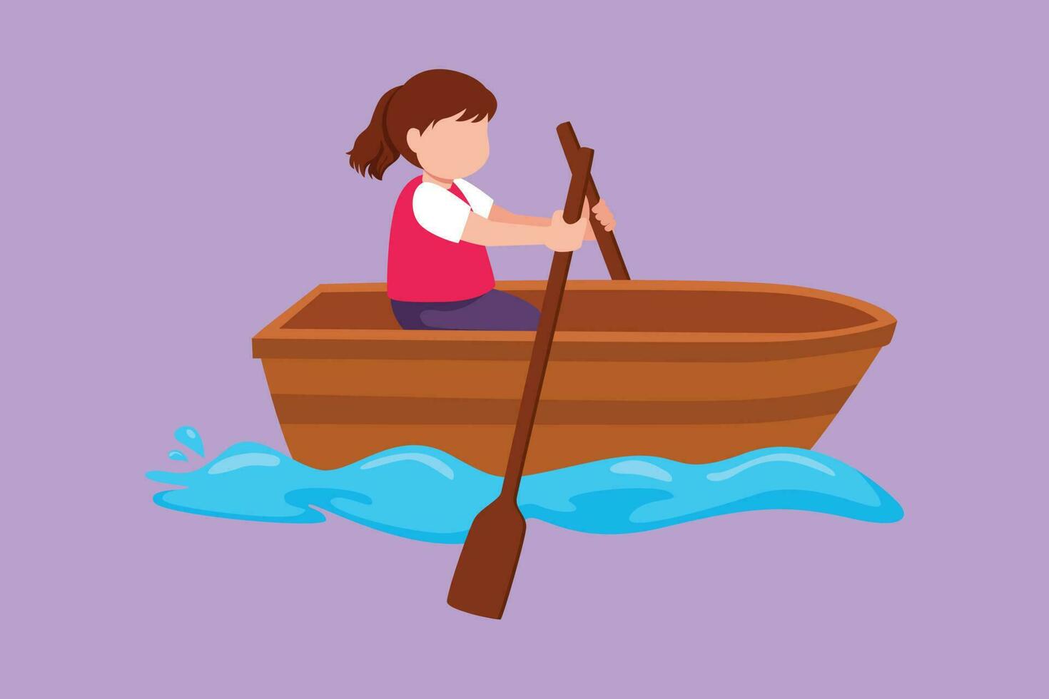 Character flat drawing cute little girl paddling boat at river. Pretty kids riding wooden boat. Kids rowing boat on lake. Happy children paddle boat on small river. Cartoon design vector illustration