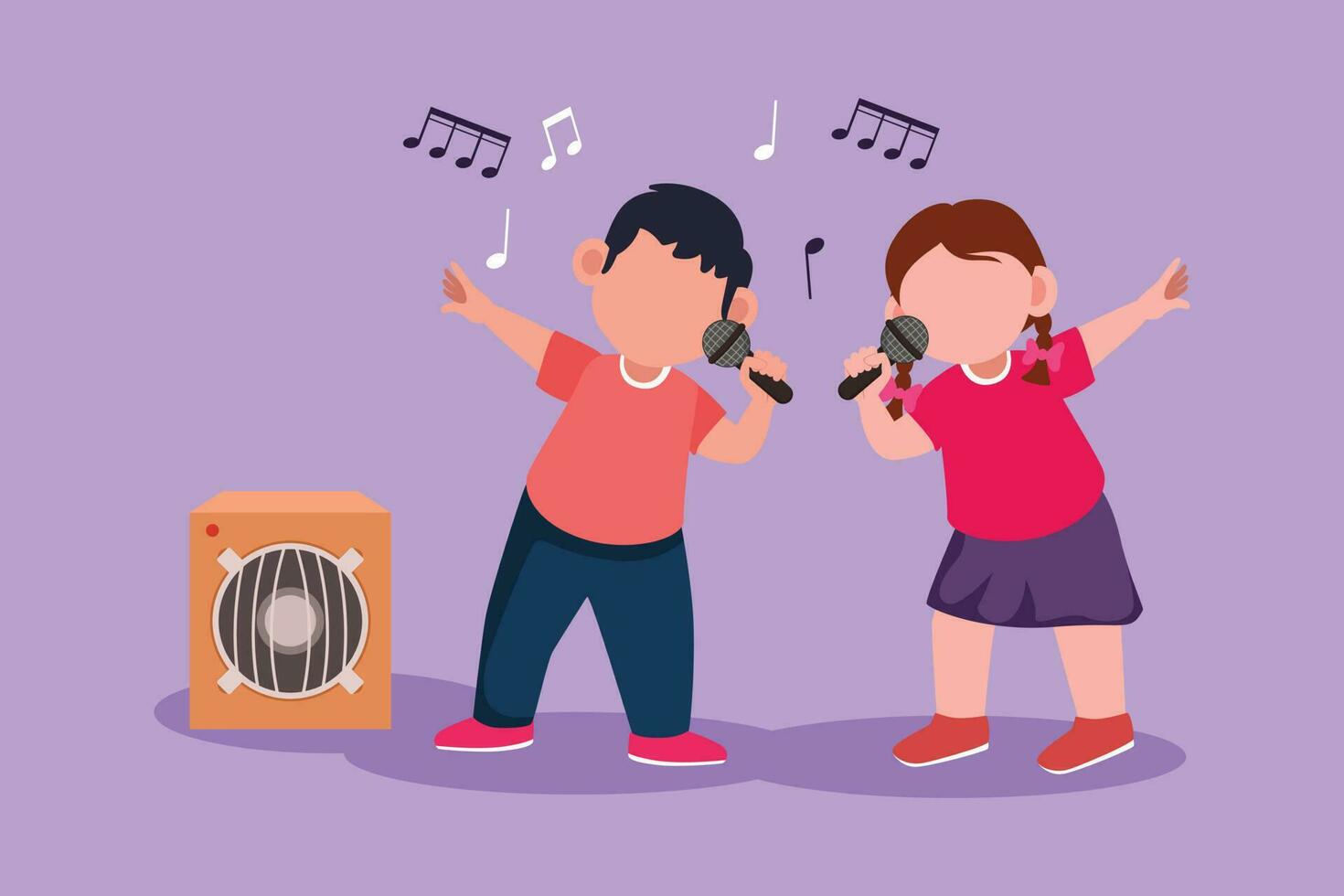 Cartoon flat style drawing happy little boy and girl sing song at school festival. Happy kids with good performance on stage. Beautiful melodic singing of children. Graphic design vector illustration