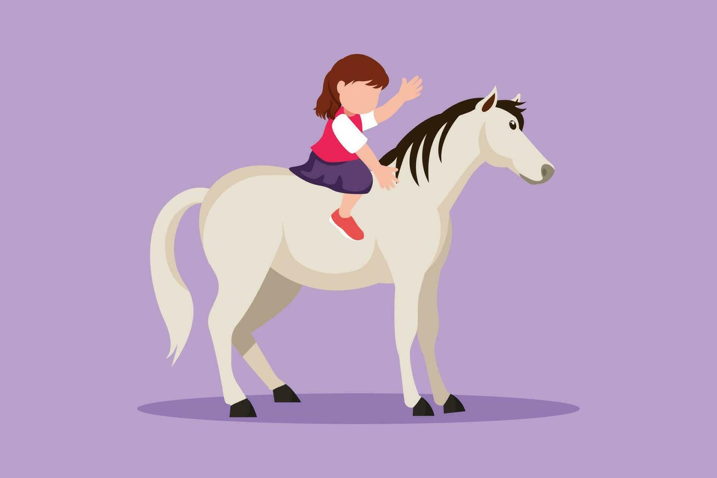 Graphic flat design drawing pretty little girl riding horse at village. Cute child sitting on back horse with saddle in ranch park. Happy kid learning to ride horse. Cartoon style vector illustration