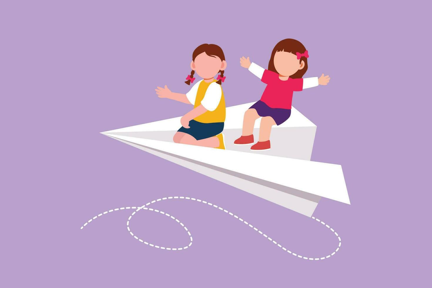 Character flat drawing happy two little girls flying on paper plane. Pretty kids flying on paper airplane together. Smart children back to school metaphor concept. Cartoon design vector illustration