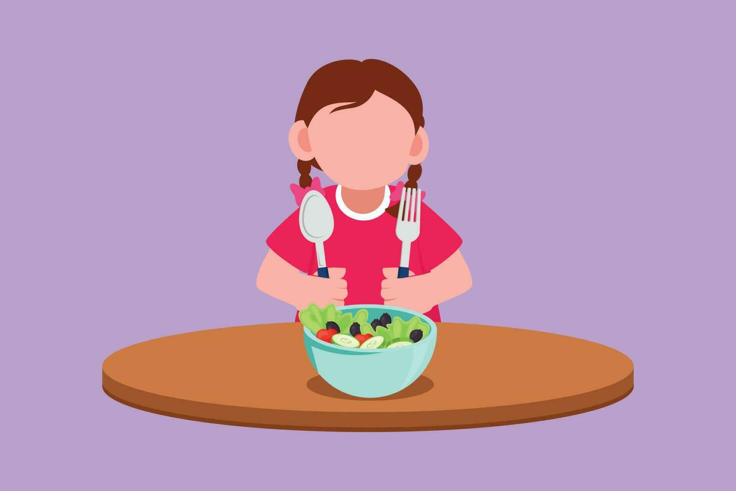 Cartoon flat style drawing happy little girl eating fresh vegetable salad and showing thumb up sign. Cute child eating fresh delicious salad. Healthy food for kids. Graphic design vector illustration