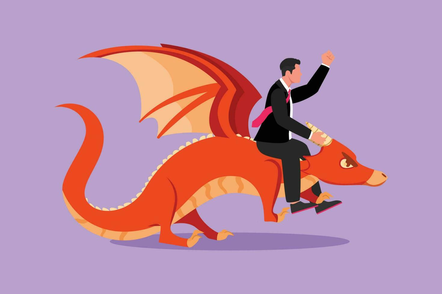 Graphic flat design drawing businessman riding dragon. Conquering adversity, courage, victory, leadership in business. Professional entrepreneur. Business metaphor. Cartoon style vector illustration