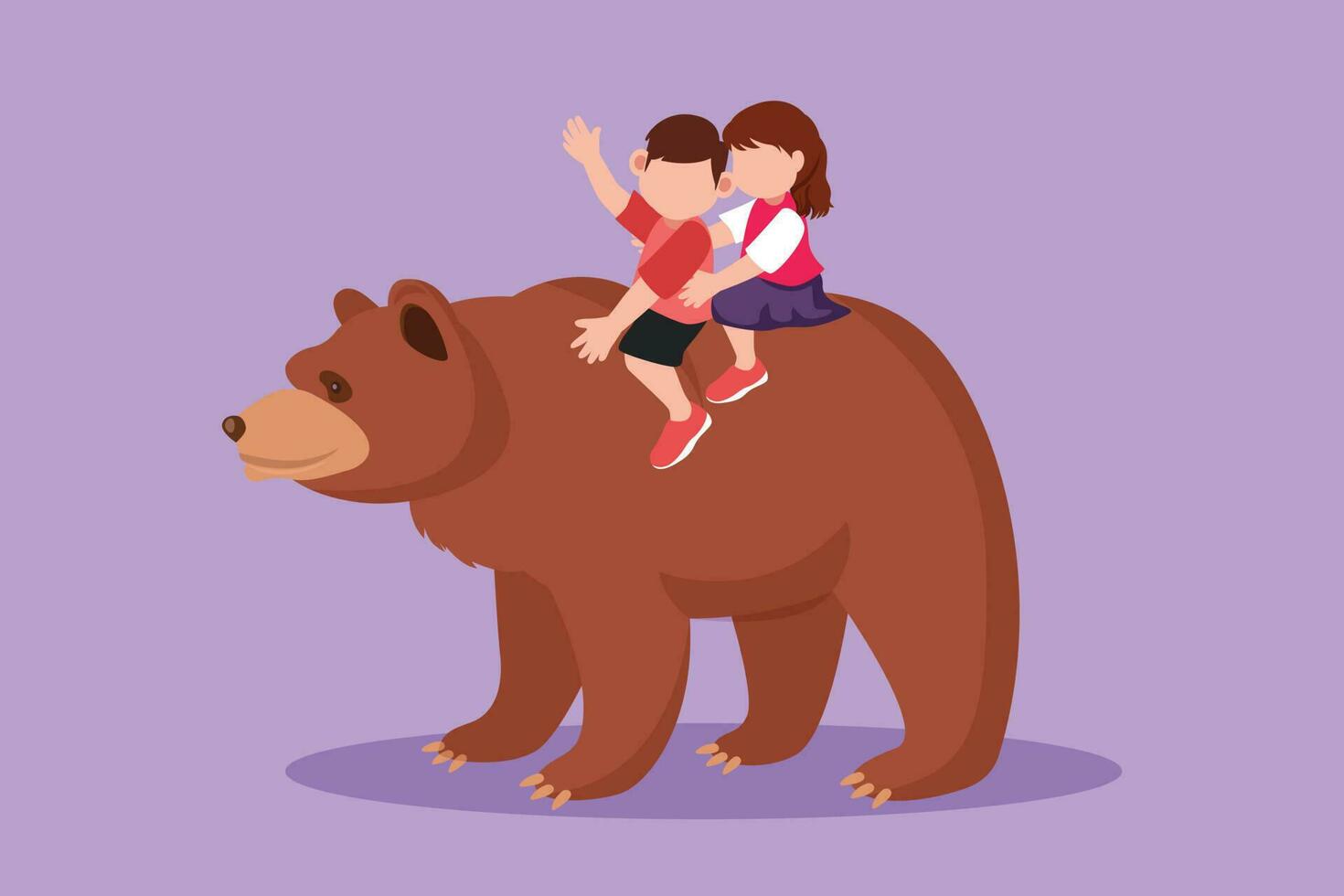 Graphic flat design drawing little boy and girl riding brown grizzly bear together. Children sitting on back bear at circus event. Kids learning to ride beast animal. Cartoon style vector illustration