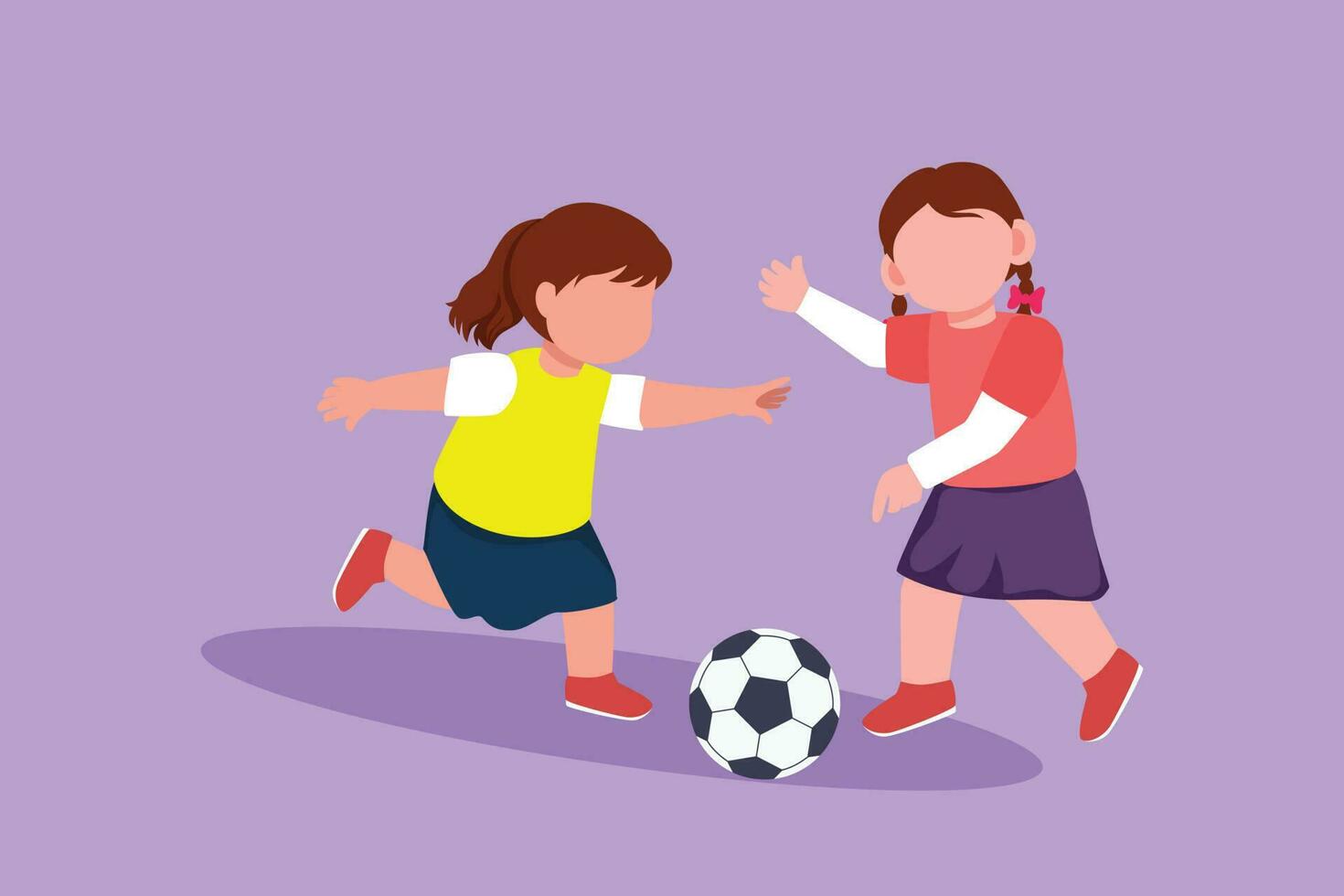 Character flat drawing little girls playing football together. Two happy kids playing sport at school playground. Smiling children kicking ball by foot between them. Cartoon design vector illustration