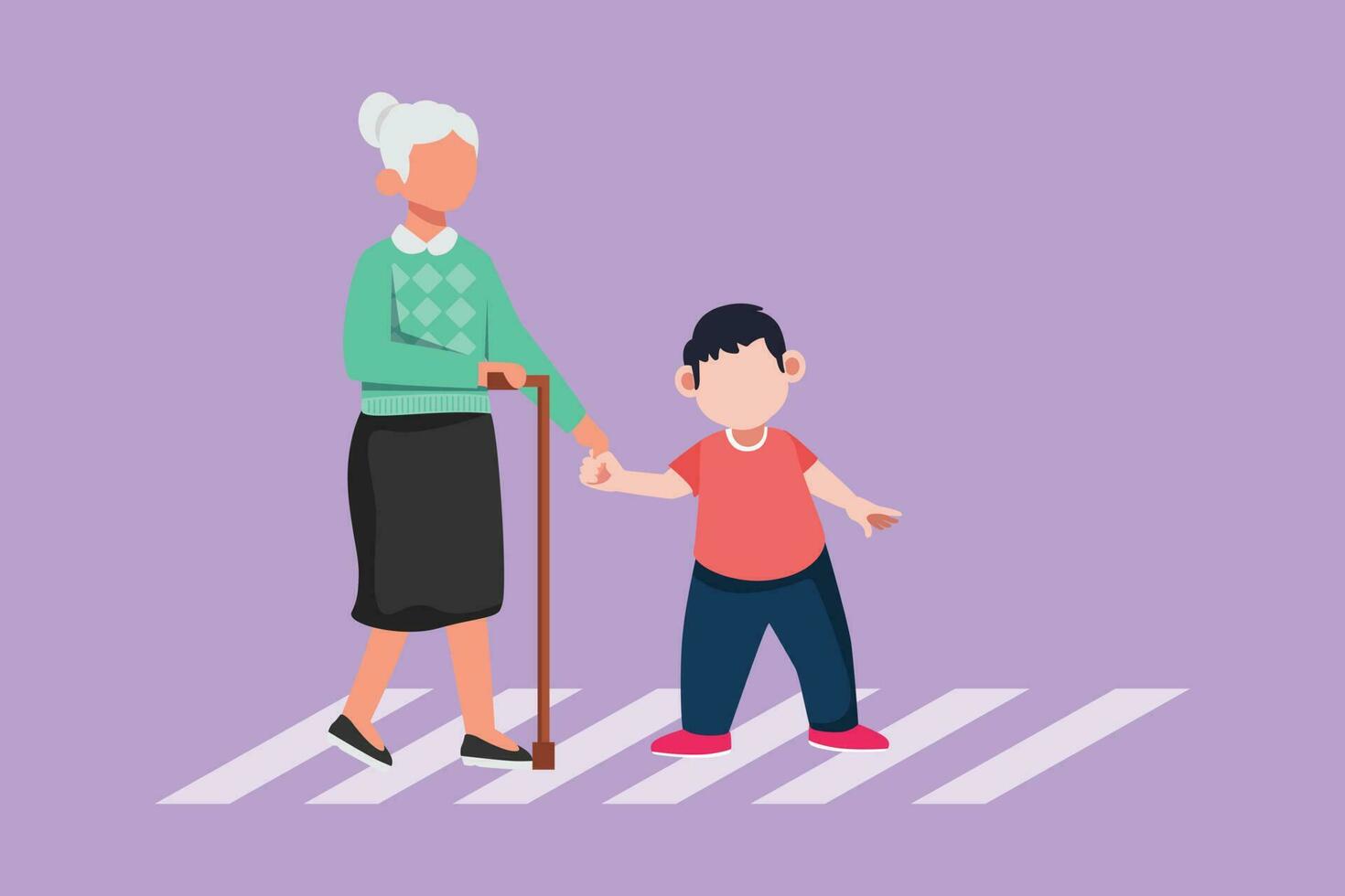 gráfico plano diseño dibujo Cortés chico ayuda abuela cruzar calle. bien amanerado niño asistencia a Envejecido mujer. niño y mayor hembra Vamos en paso de peatones juntos. dibujos animados estilo vector ilustración