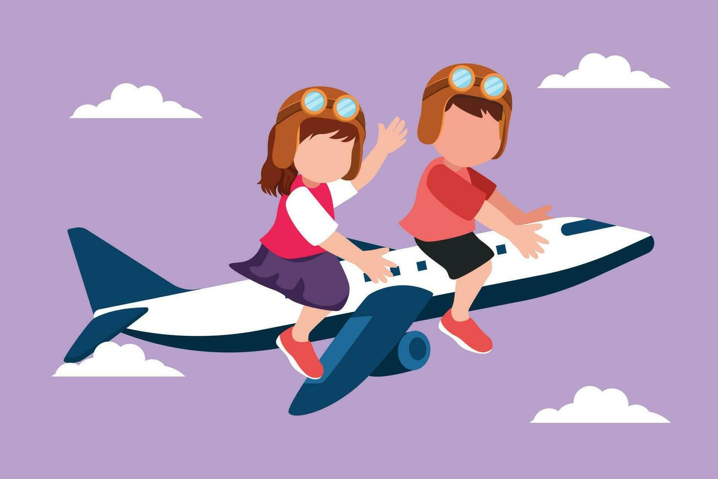 Cartoon flat style drawing little boy and girl riding small toy plane. Happy kids on airplane. Children riding electric toy airplane, summer journey, travel concept. Graphic design vector illustration