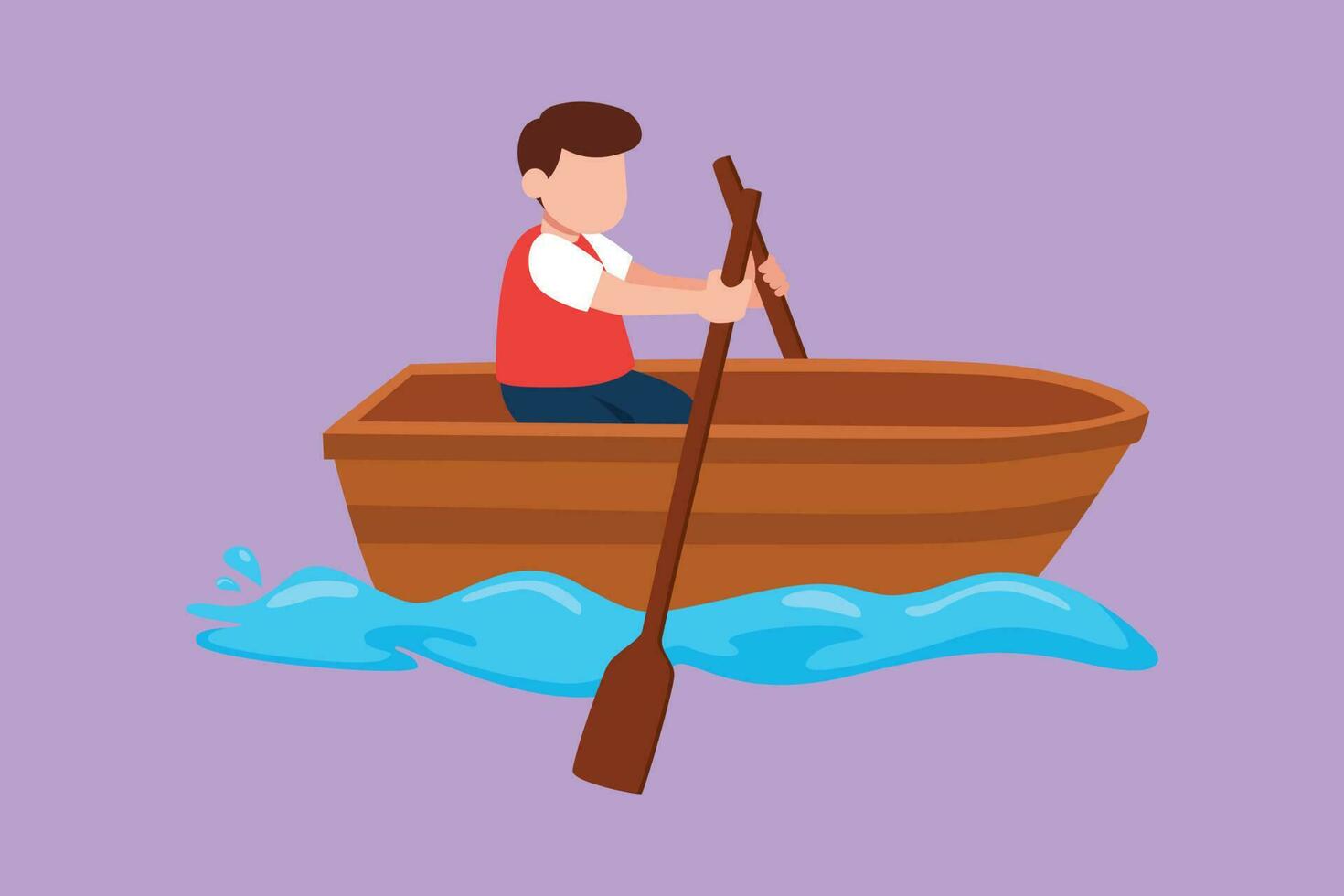 Character flat drawing adorable little boy paddling boat at river. Cute kids riding wooden boat. Kids rowing boat on lake. Happy children paddle boat on small river. Cartoon design vector illustration