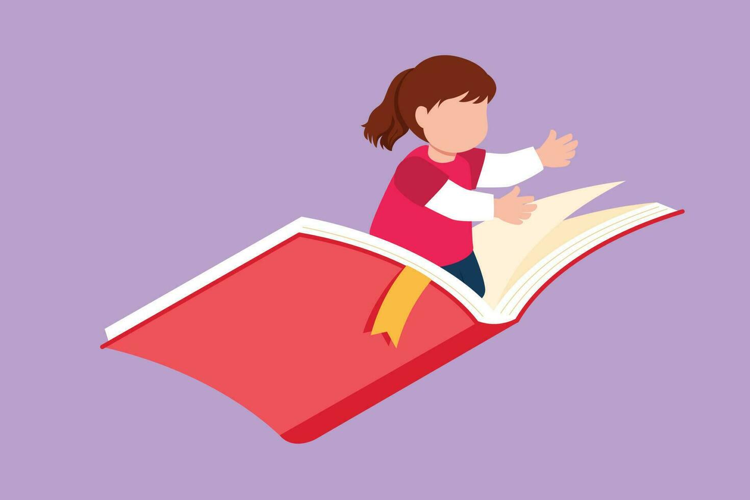 Graphic flat design drawing adorable little girl student or preschooler flying on magic book. Happy kids flying on the book. Knowledge power and educational concept. Cartoon style vector illustration