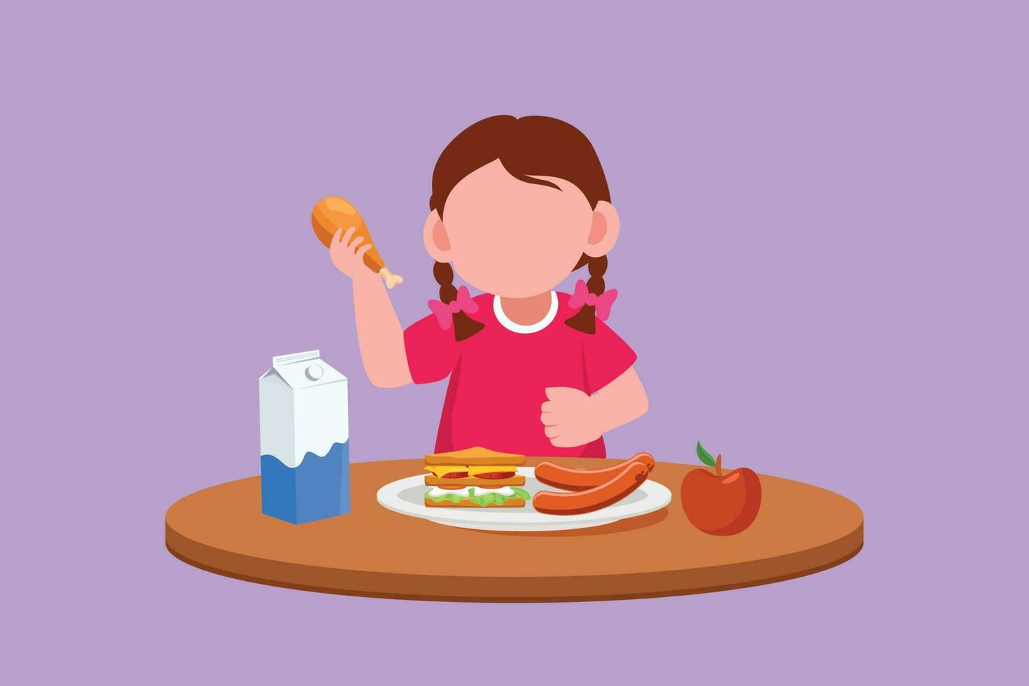 Cartoon flat style drawing pretty little girl eating healthy morning breakfast food. Happy children eat delicious food with milk at home. School girl enjoying dish. Graphic design vector illustration