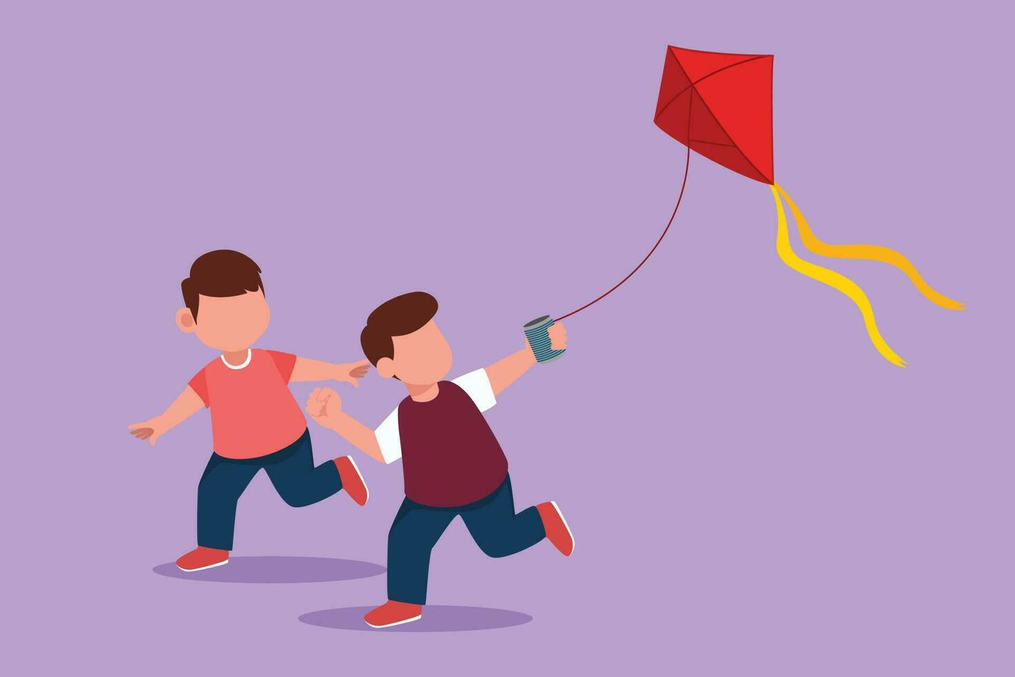 Cartoon flat style drawing two boy playing to fly kite up into the sky at outdoor field. Kid playing kite in playground. Children with kite game and they look happy. Graphic design vector illustration