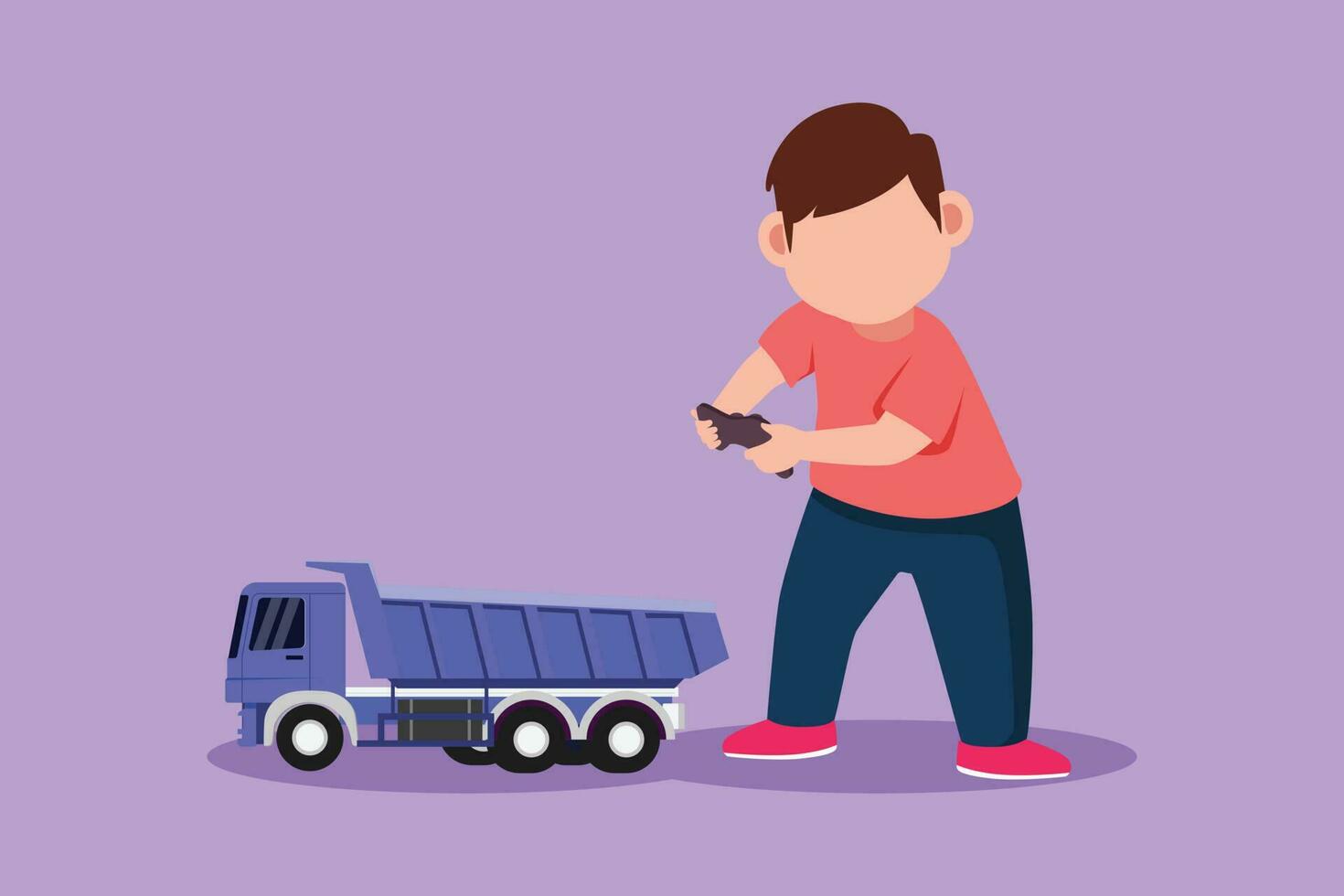 Graphic flat design drawing little boy playing with remote controlled dump truck toy. Cute kids playing with electronic dump truck toy with remote control in hands. Cartoon style vector illustration