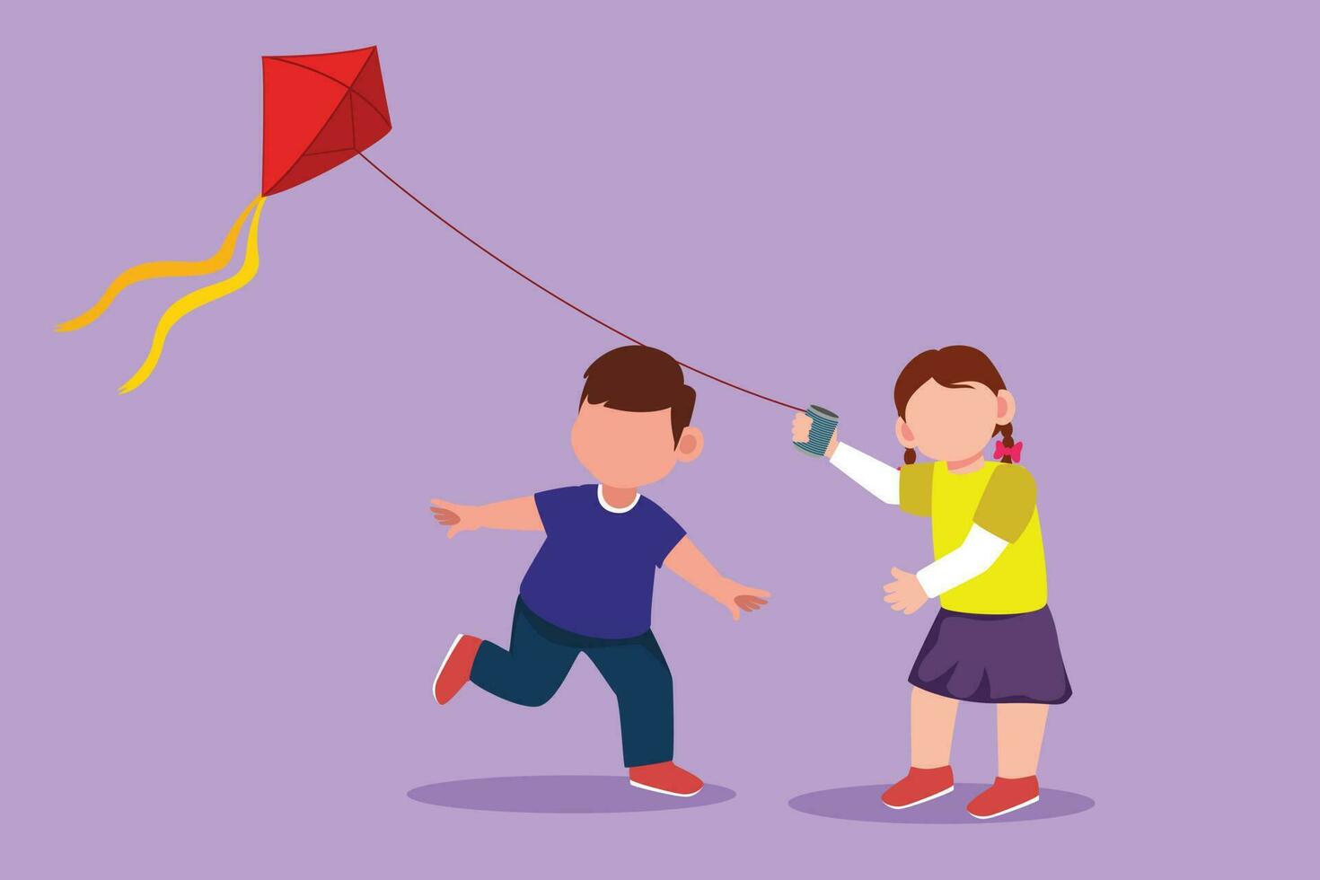 Cartoon flat style drawing little boy and girl flying kite. Siblings playing together. Kids playing kite in playground. Children with kites game and they look happy. Graphic design vector illustration