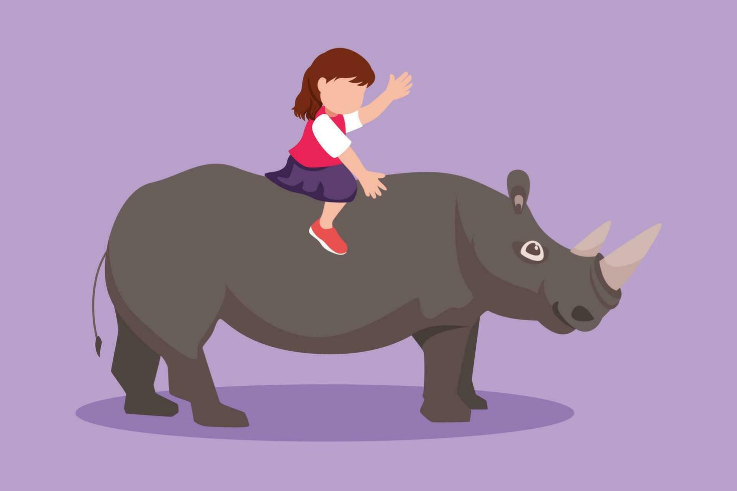 gráfico plano diseño dibujo bonito pequeño niña montando rinoceronte rinoceronte. alegre niños sentado en espalda rinoceronte en zoo. valiente niños aprendizaje a paseo rinoceronte. dibujos animados estilo vector ilustración