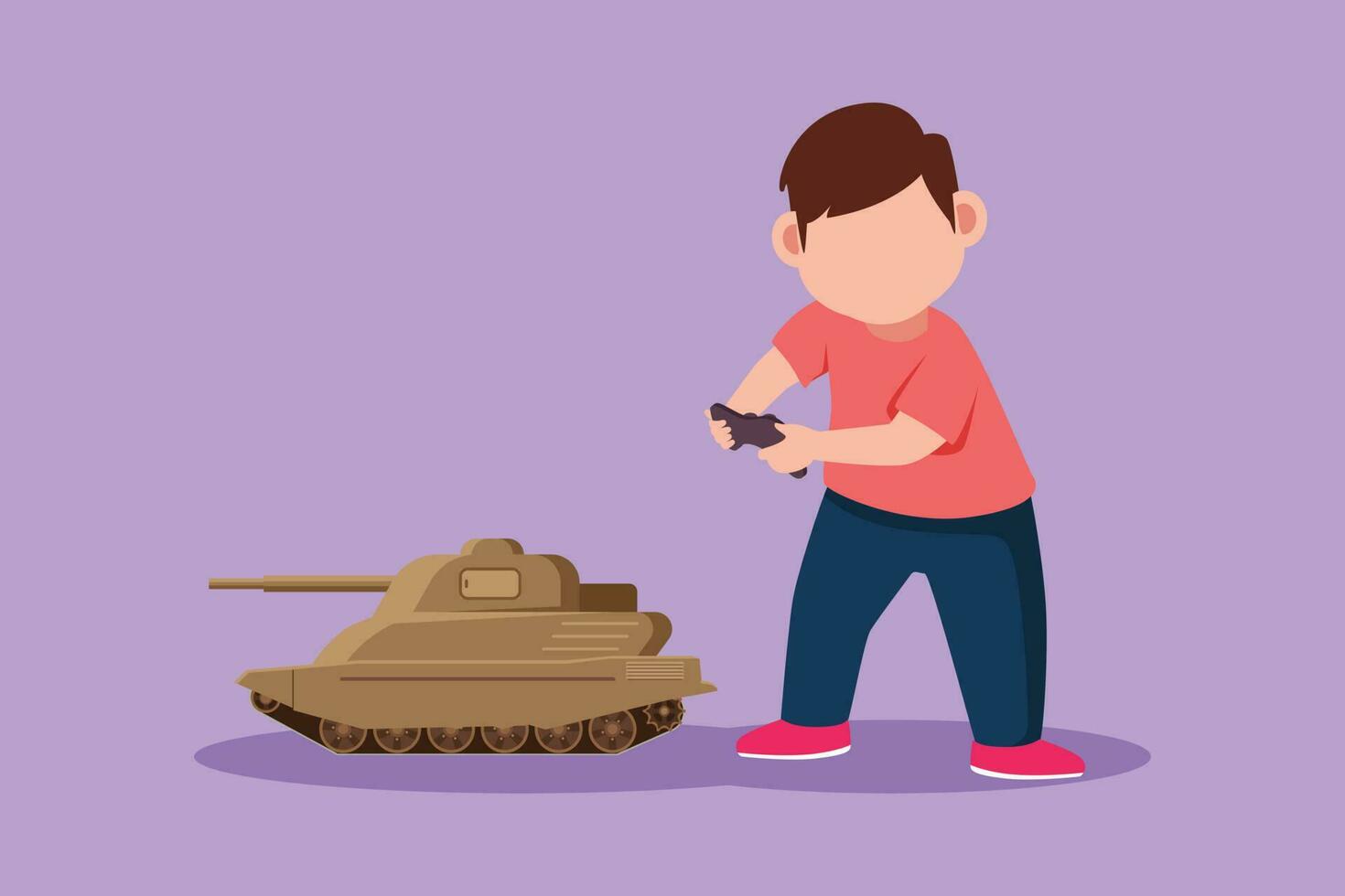 Graphic flat design drawing of cheerful boy playing with remote-controlled toy battle tank. Happy kids playing with electronic toy tank with remote control in hands. Cartoon style vector illustration