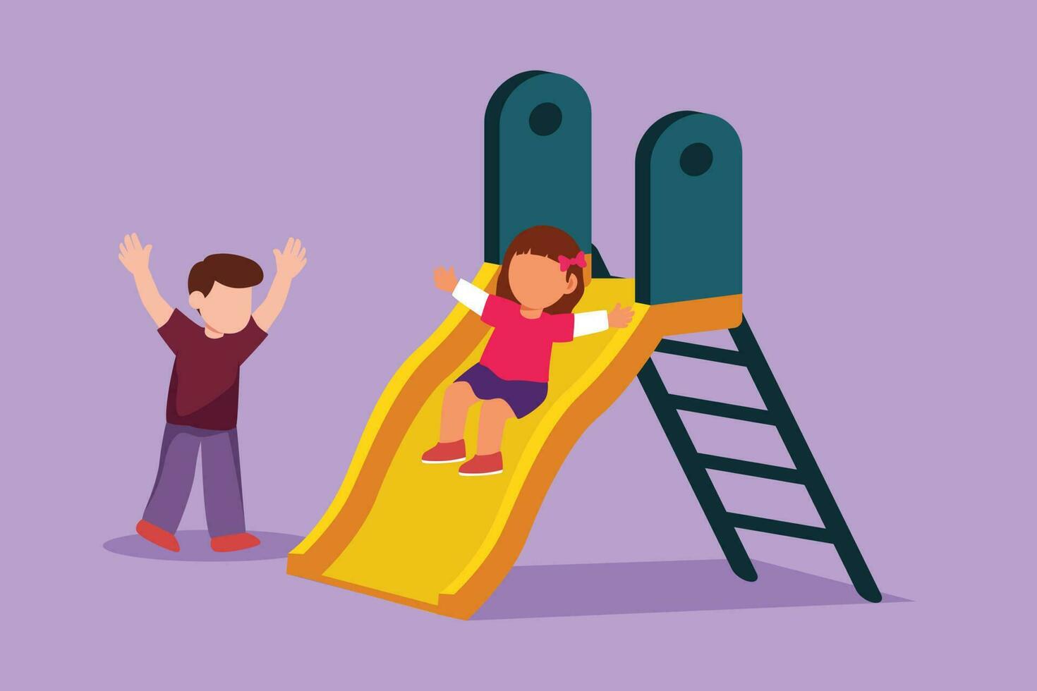 Cartoon flat style drawing preschool kids playing together in kindergarten playground. Little girl sliding down the slide and cute boy seeing her on side of slide. Graphic design vector illustration